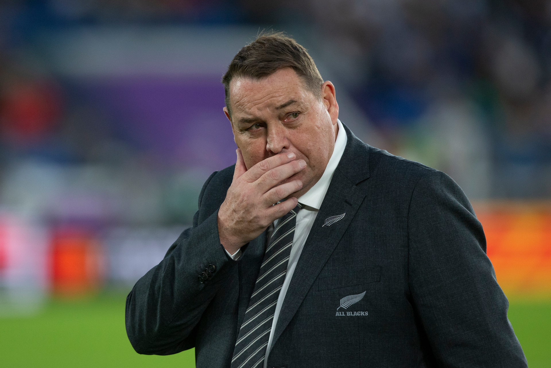 All Blacks coach Steve Hansen watching the England players warming-up before the Rugby World Cup semi-final match at International Stadium Yokohama. Photo / Mark Mitchell.