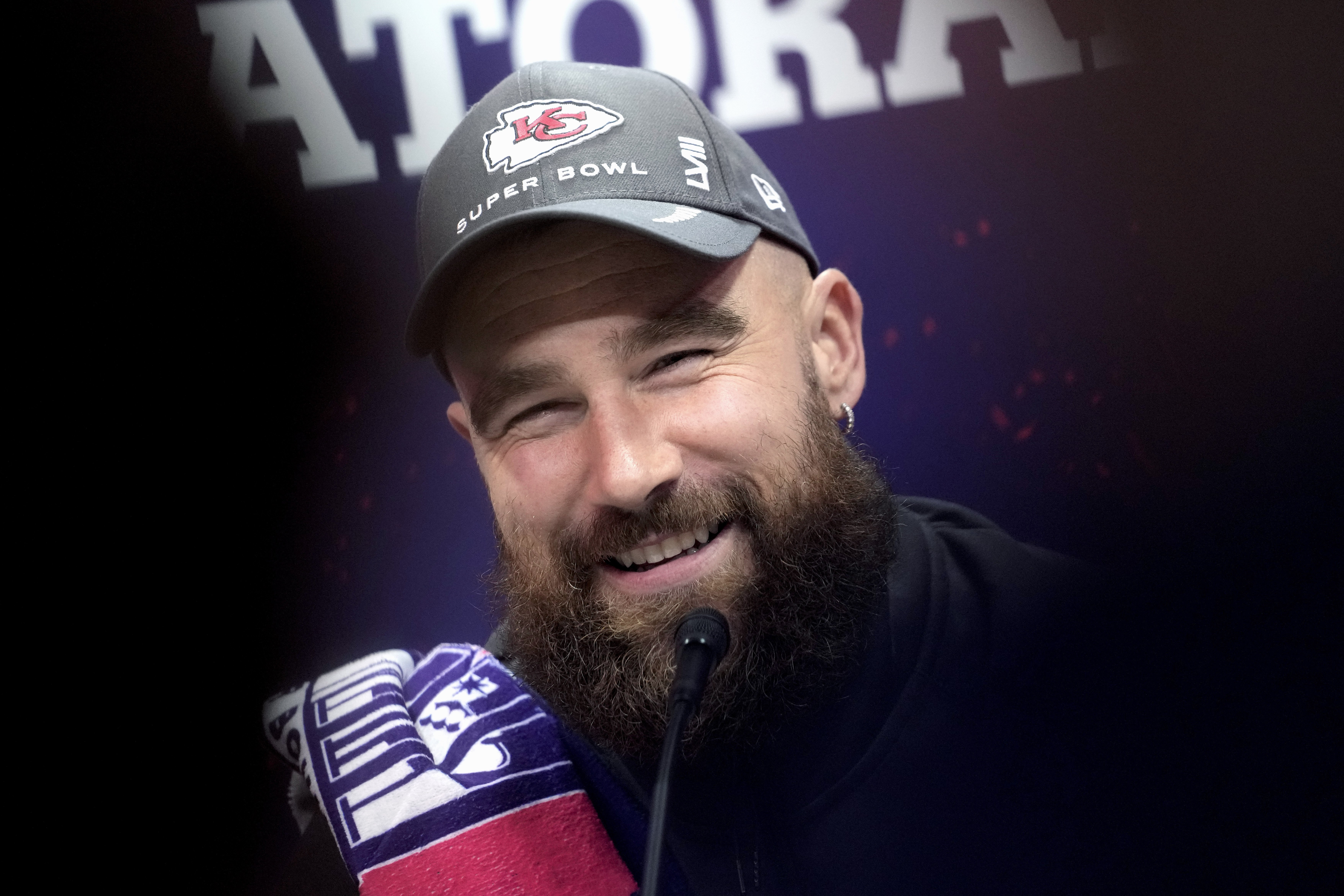Kansas City Chiefs tight end Travis Kelce smiles as he participates in the NFL football Super Bowl 58 opening night. Photo / AP