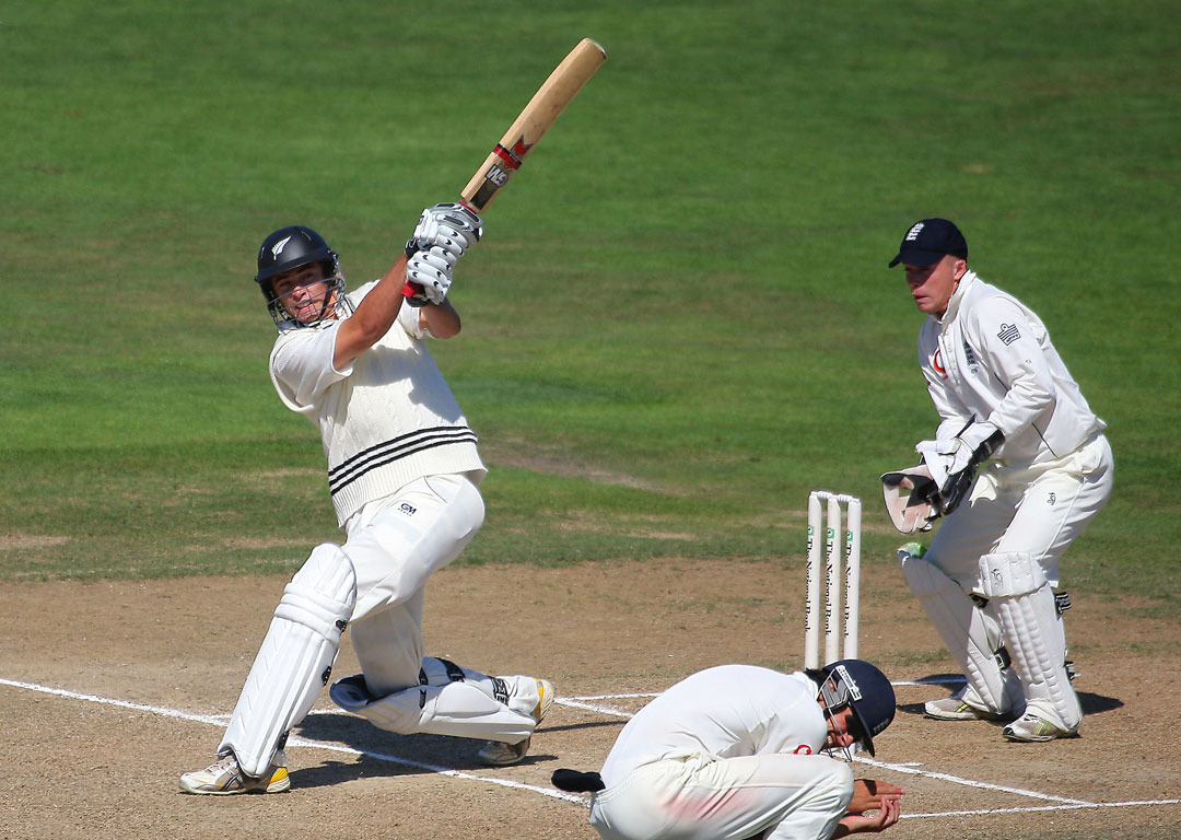 Alistair Cook ducks as Tim Southee hits another six in his debut test at McLean Park in 2008. Photosport