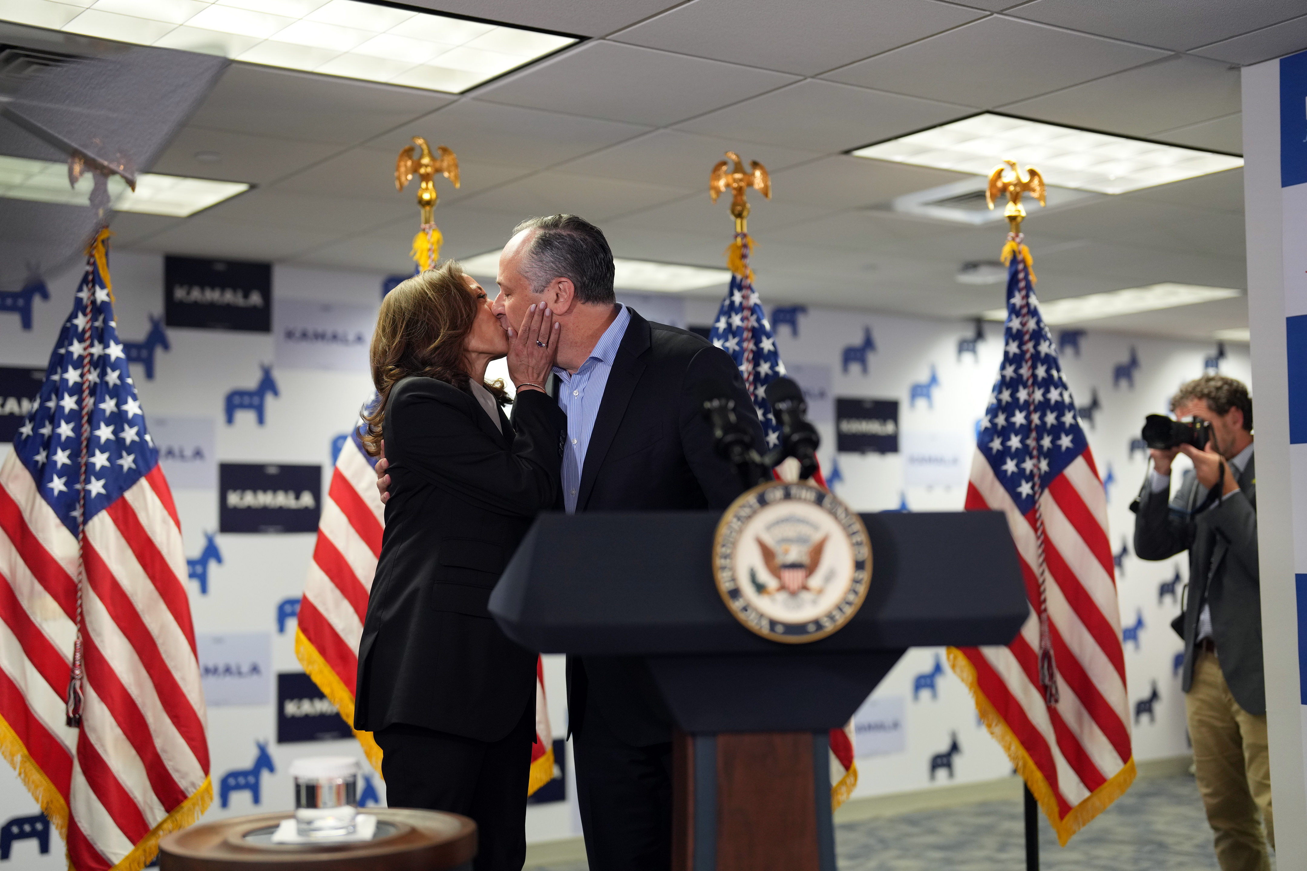Harris with husband Doug Emhoff at her campaign headquarters in Wilmington, Delaware, on July 22, 2024. Photo / Erin Schaff, The New York Times