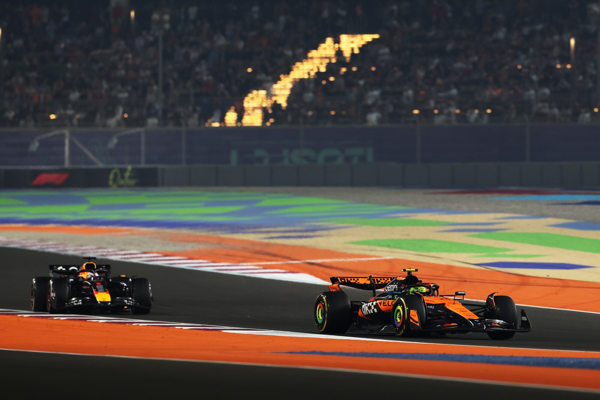 Lando Norris leads Max Verstappen at the Grand Prix of Qatar. Photo / Red Bull