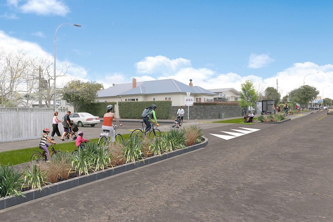 An artist's impression of the new $19m cycleway along Garnet Rd in Westmere. Photo / Auckland Transport