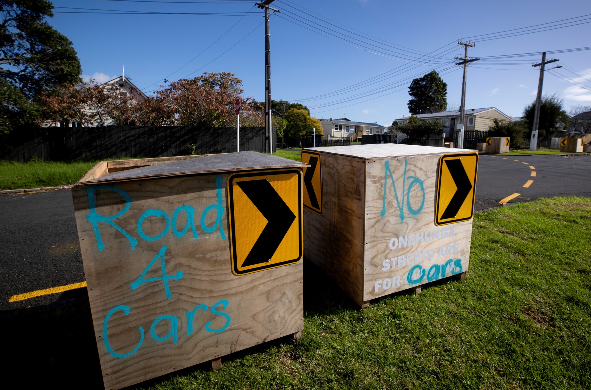 Some Onehunga residents were so angry about the Innovating Streets projects, they removed the boxes, which were filled with rocks, and spray-painted their displeasure. Phot / Dean Purcell