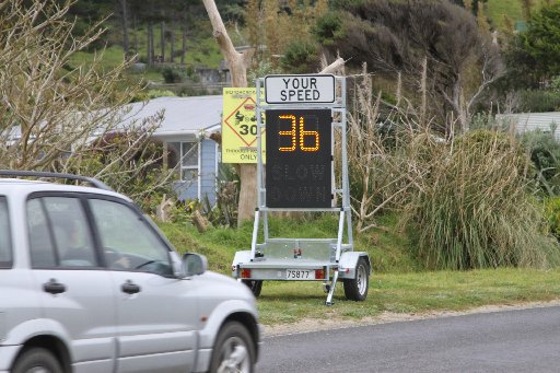 Traffic warning signs were everywhere at Ahipara on Saturday, including Far North Reap's new speed trailer.