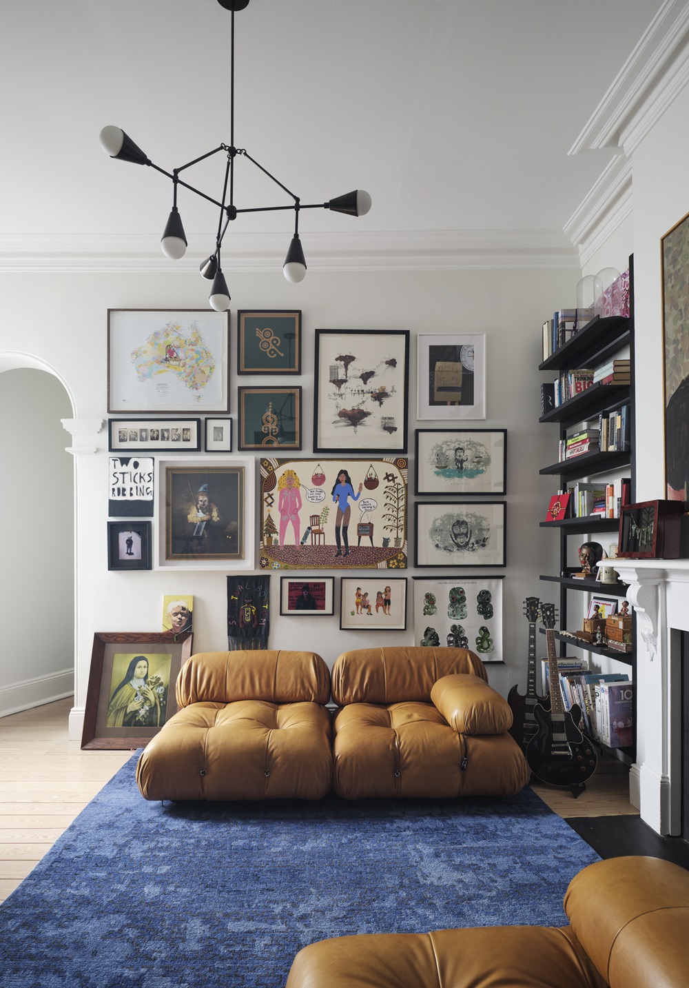 A salon hang in the living room features works by Kaylene Whiskey, Phil James, Tony Albert, John Pule, Dean Cross, Claudia Nicholson, Samuel Hodge, Rakai Karaitiana, Mark Smith and Rachel Cooney.