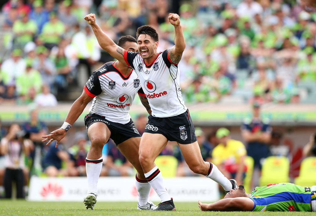 Shaun Johnson celebrates after kicking winning drop goal to beat the Raiders this year. Photo / Getty