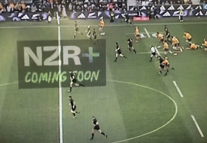 TV viewers were treated to a glimpse of the new NZR+ logo at a test in 2023. Photo / Sky