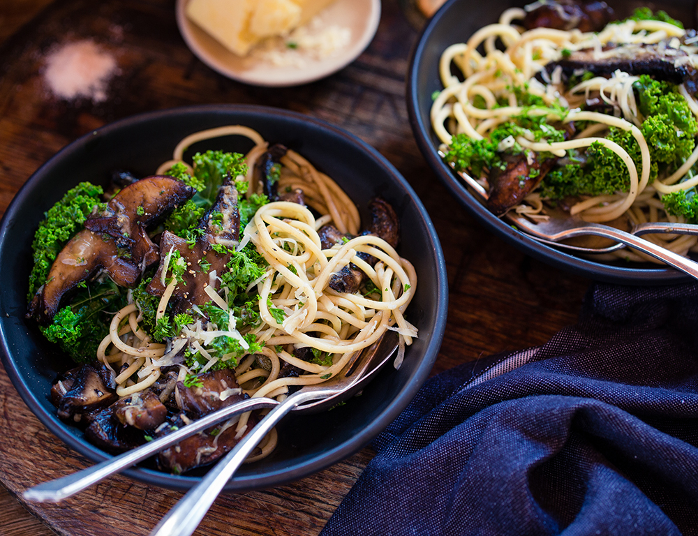 Creamy Mushroom & Kale Spaghetti Carbonara. Photo / Babiche Martens