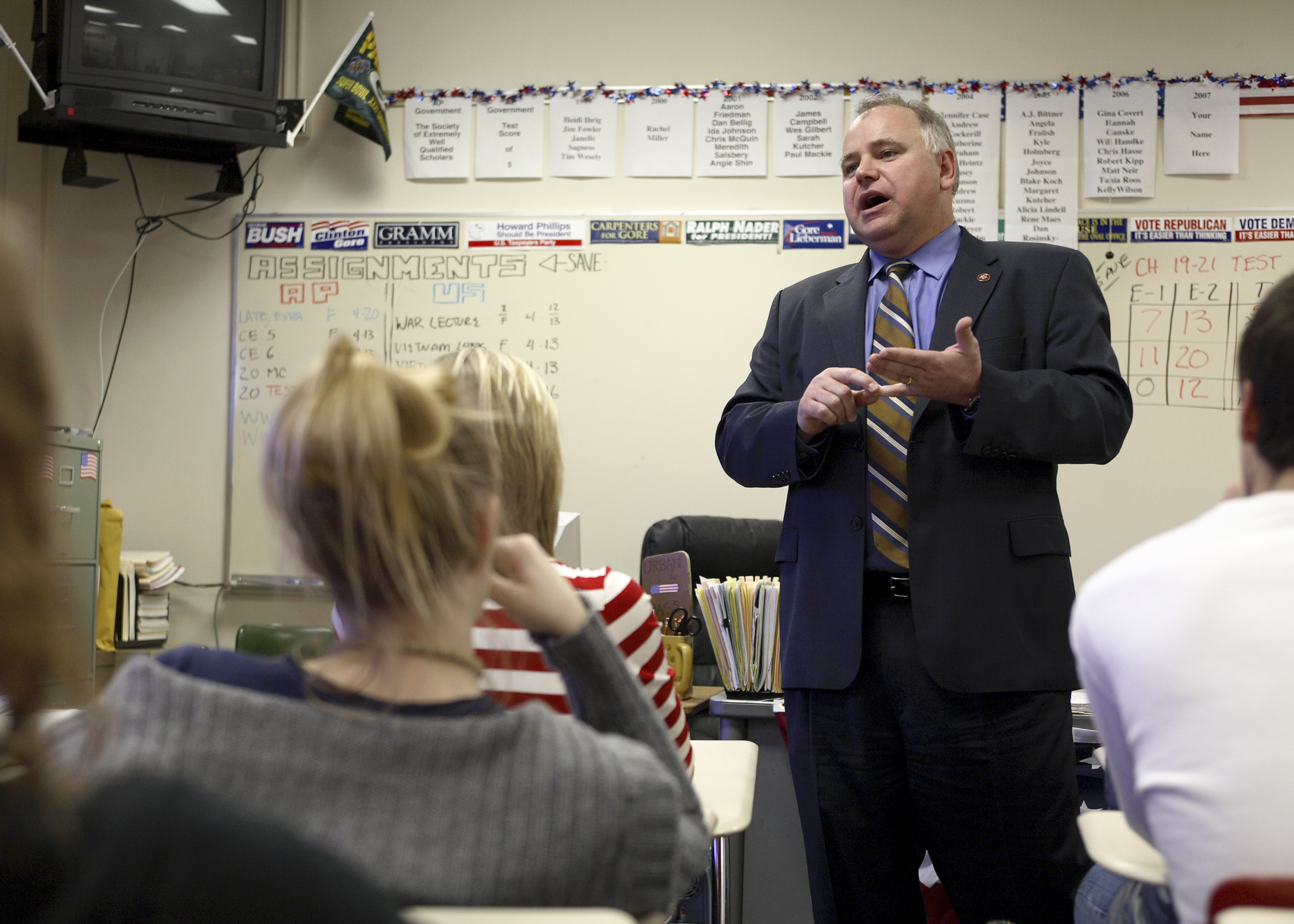 Walz spoke to students at Mankato West High School shortly after being elected to Congress in 2007. Walz spent the early years of his career as a teacher and football coach. Photo / T.C. Worley, The New York Times