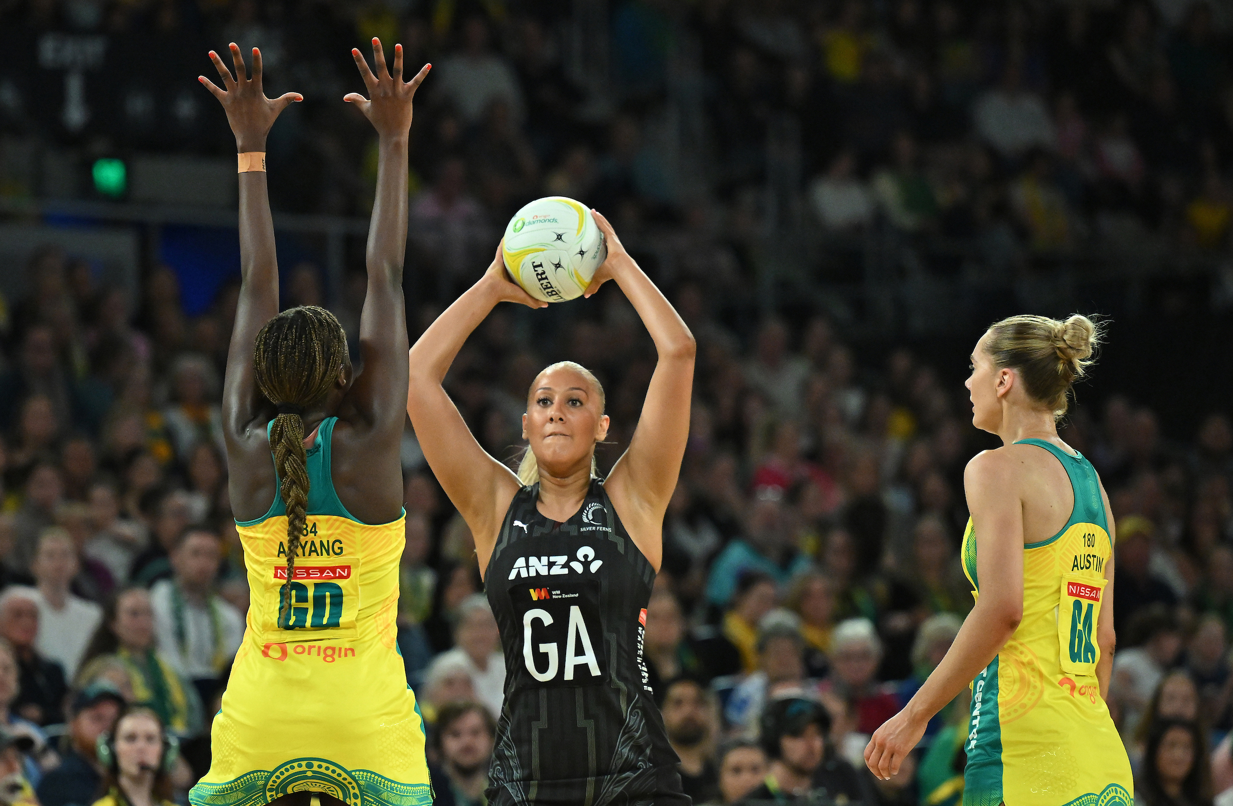 Martina Salmon of New Zealand in action during the first test match of the Constellation Cup series between the Australian Diamonds and the New Zealand Silver Ferns. Photo / Photosport