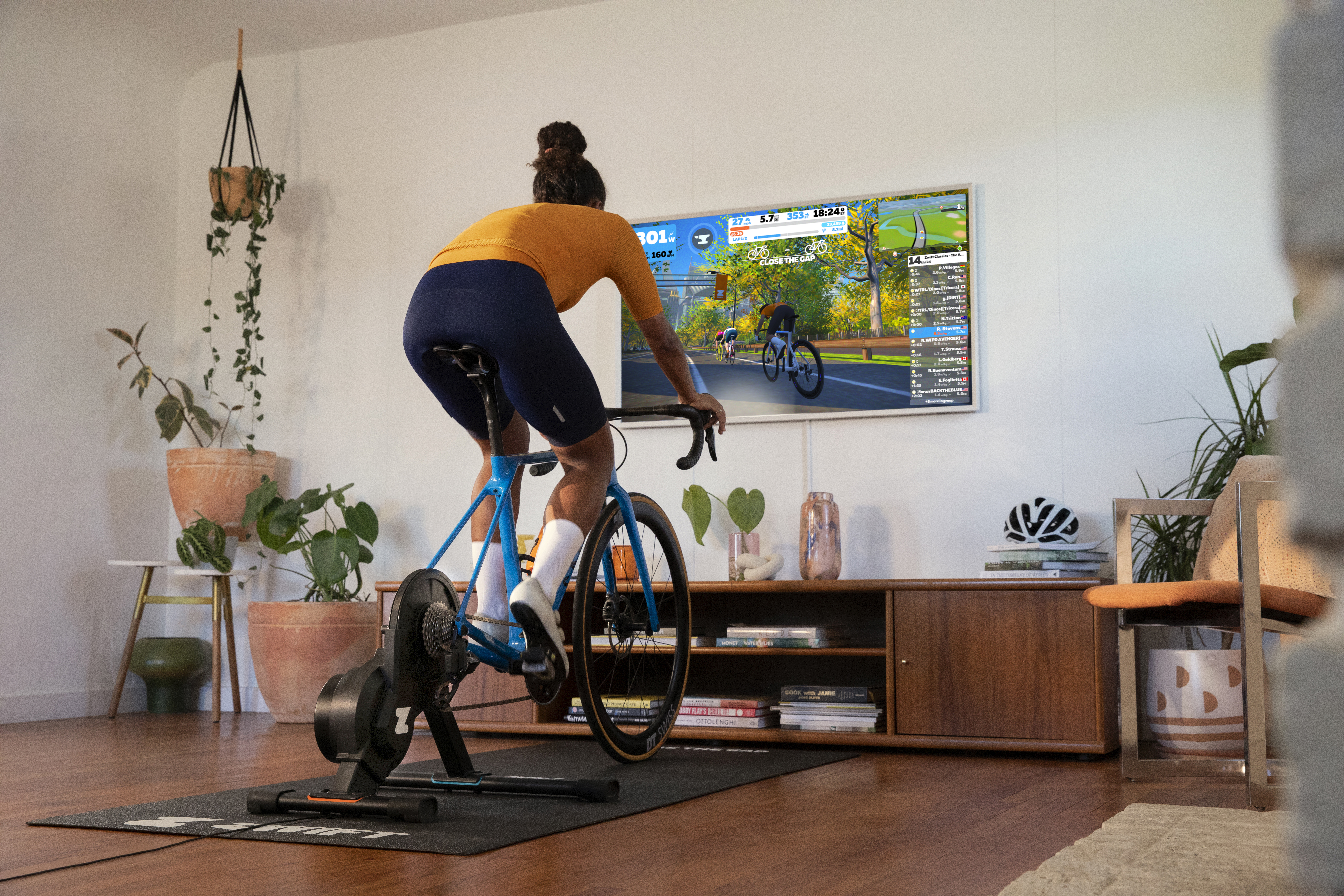 Virtual interactive platforms such as Zwift provide motivation and exhilaration when working out at home.
