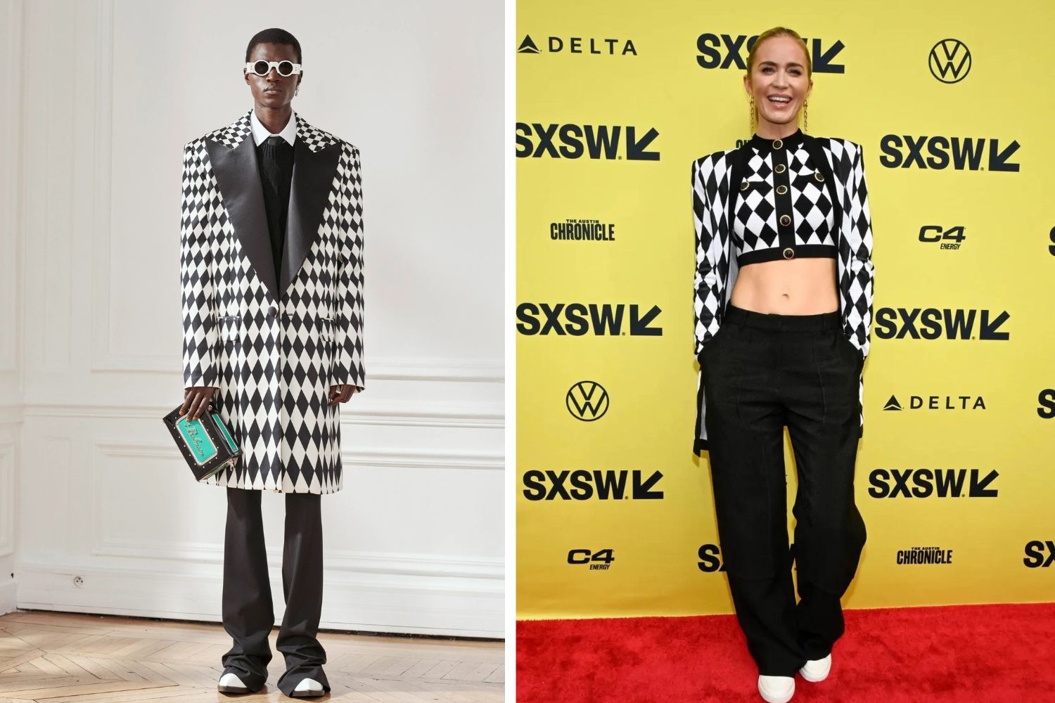 Left: Balmain's pre-fall 2024 collection for men hevaily leans on the brand's harlequin print archives. Right: Actor Emily Blunt wearing a balmain cardigan and crop top set in March at SXSW. Photos / Getty Images