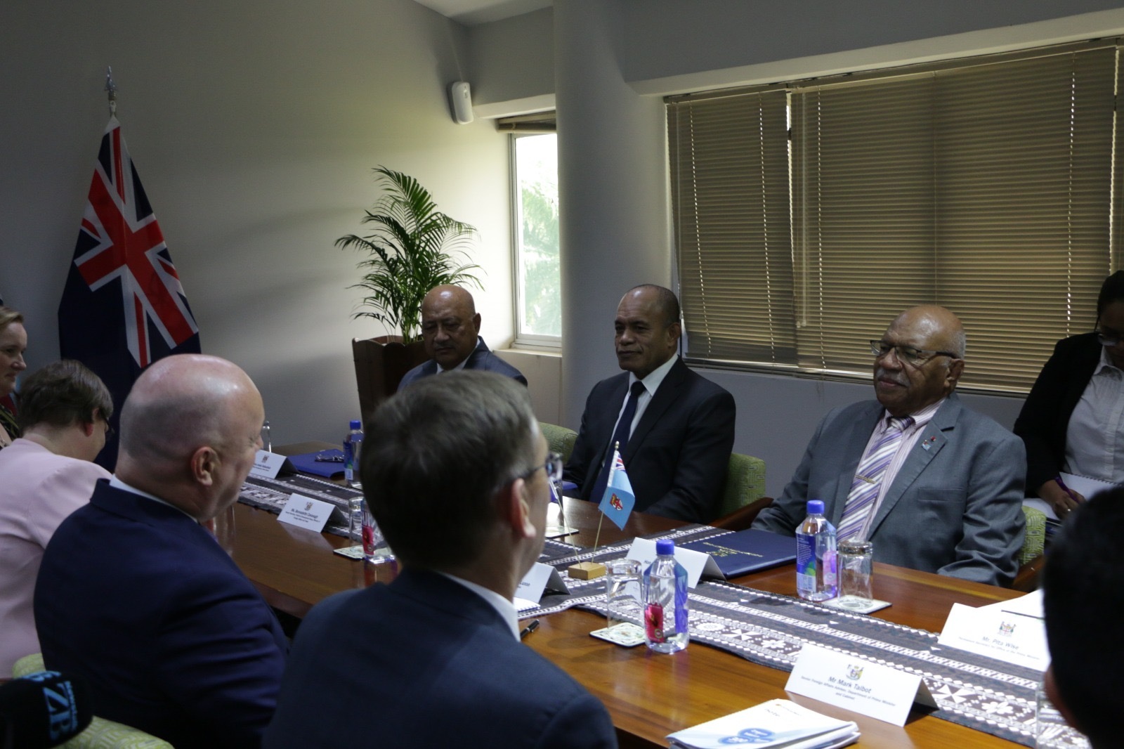 Prime Minister Christopher Luxon and Fijian PM Sitiveni Rabuka sit down for official talks. Photo / Pool