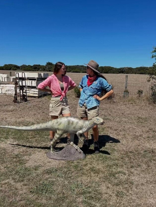 Palaeontologists Sally Hurst and Adele Pentland dressed as Dr Ellie Sattler and Dr Alan Grant from Jurassic Park during the annual Dinosaur Dreaming dig in Victoria, Australia. Photo / Sally Hurst