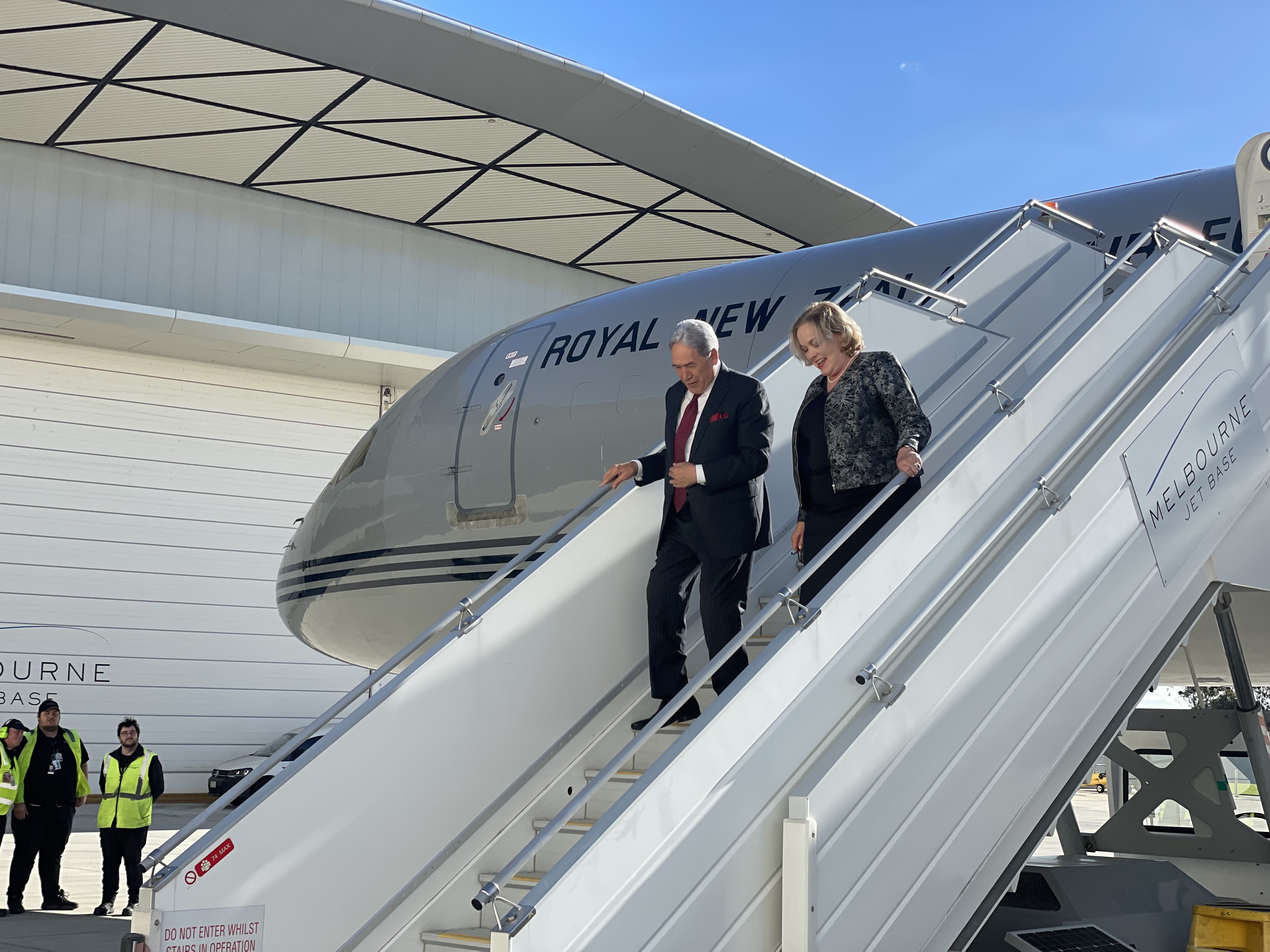 Foreign Minister Winston Peters and Defence Minister Judith Collins arrive in Melbourne. Photo / Thomas Coughlan