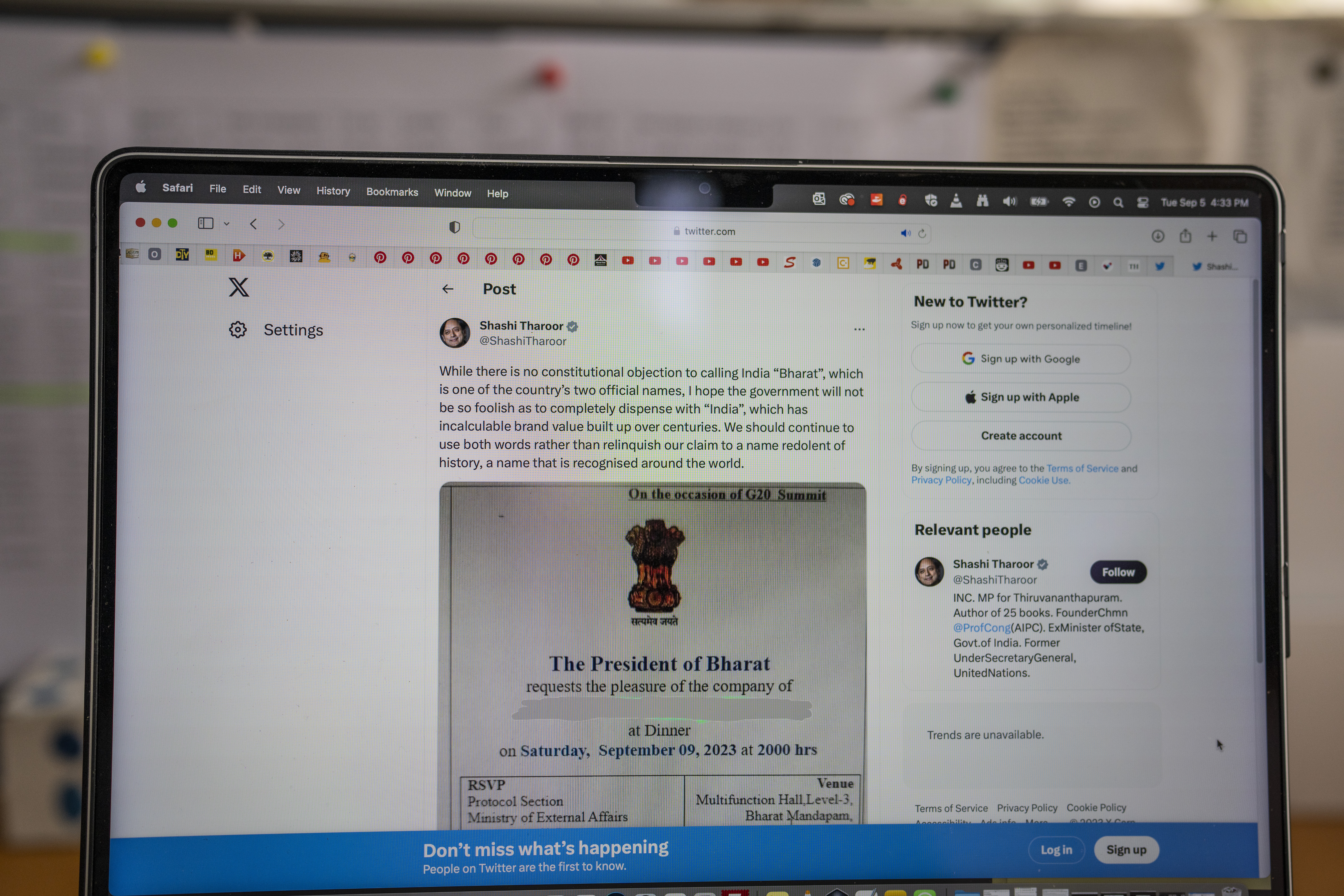 The Twitter page of India's opposition Congress party leader Shashi Tharoor shows an invitation from the President of India reading as President of Bharat, in New Delhi. Photo / AP