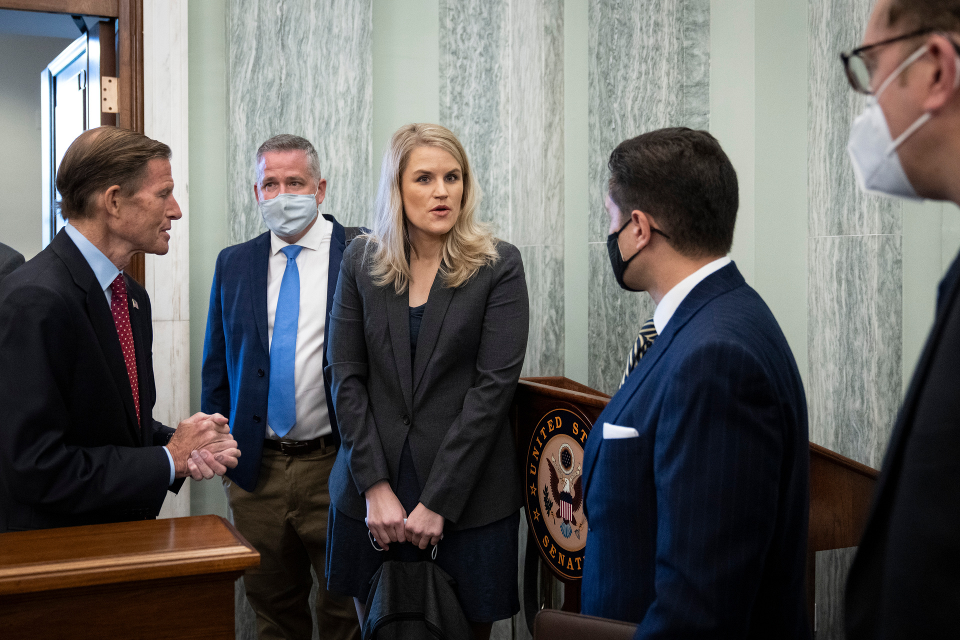 Senator Richard Blumenthal, left, speaks with former Facebook employee and whistleblower Frances Haugen. Photo / Drew Angerer, Pool via AP