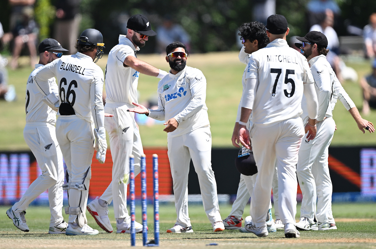 Ajaz Patel celebrates his maiden wicket on New Zealand soil, against the West Indies at Bay Oval. Photo / Photosport