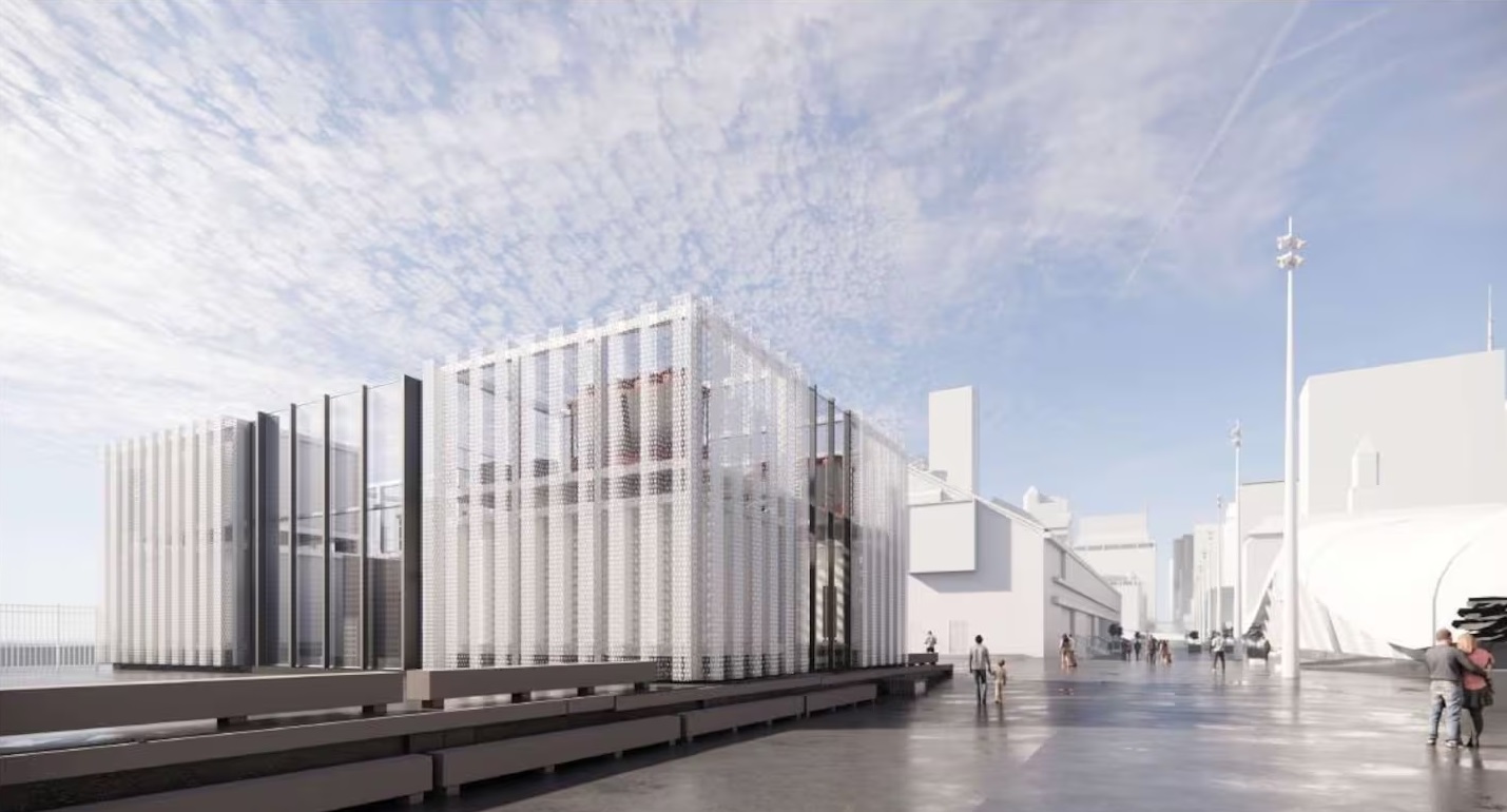 An artist's impression of the electric ferry charging building that will be located on the northeasten end of Queens Wharf.