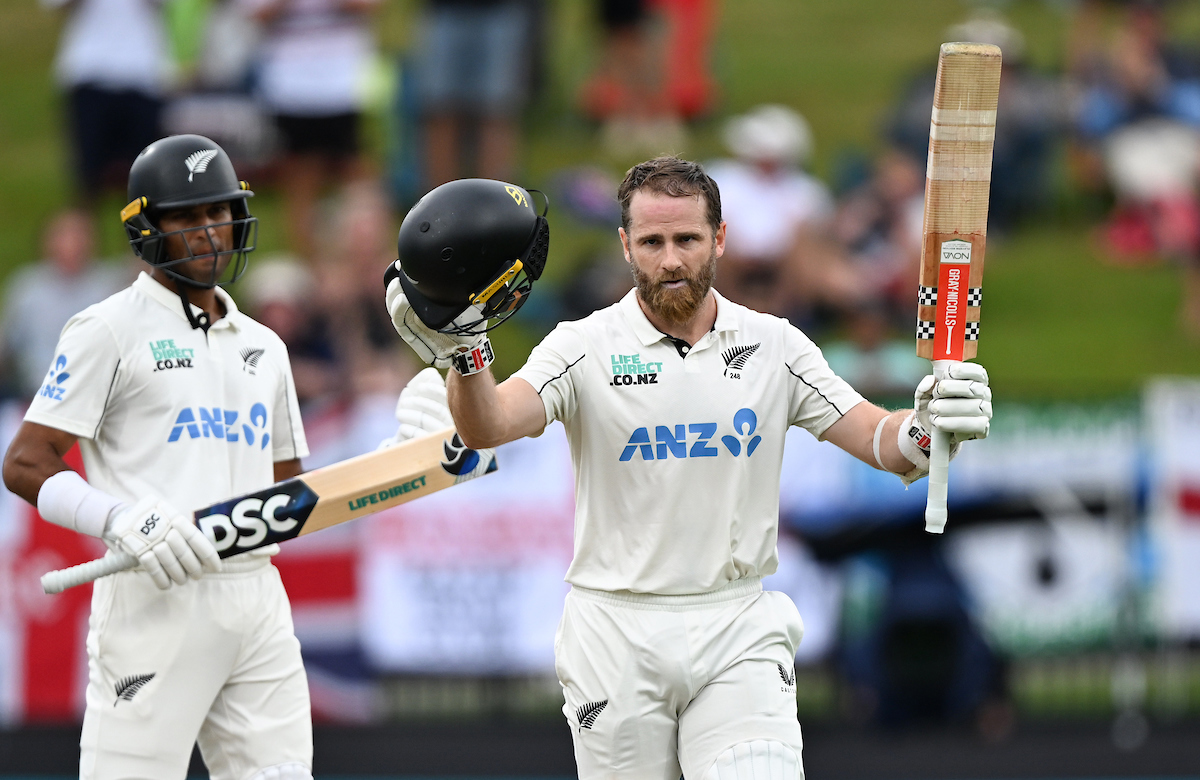 Kane Williamson celebrates his 33rd test century, scored against England at Hamilton. Photo / Photosport