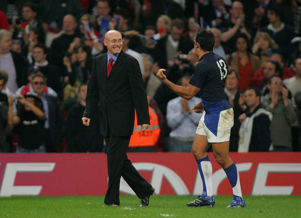 France's coach Bernard Laporte and centre David Marty celebrate after the 2007 Rugby World Cup quarter-final between New Zealand and France. Photo / Brett Phibbs