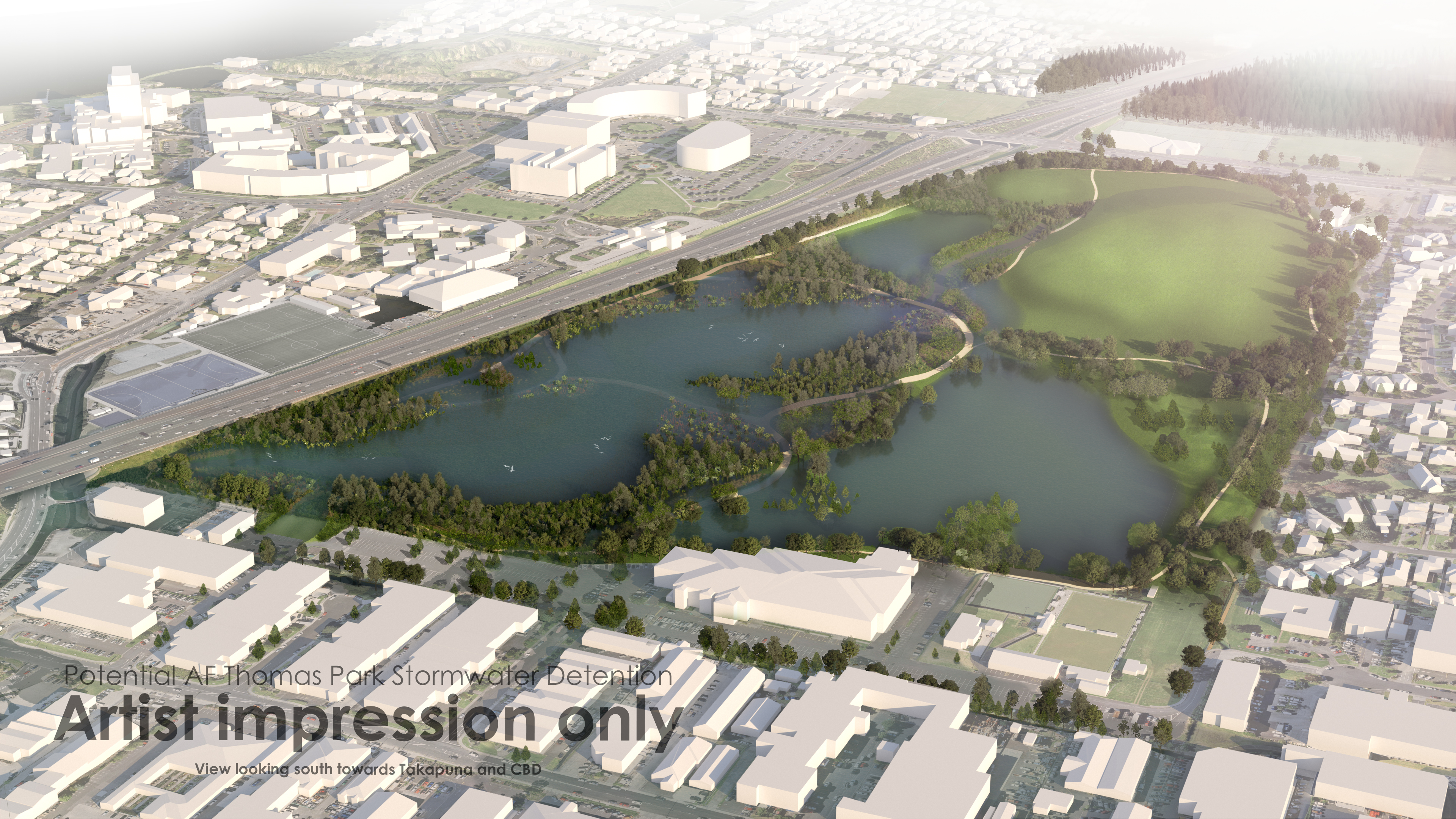 When the floods come: an artist's impression of the new wetland proposed by Healthy Waters on the land currently occupied by the Takapuna Golf Course, showing it in a flooded state.