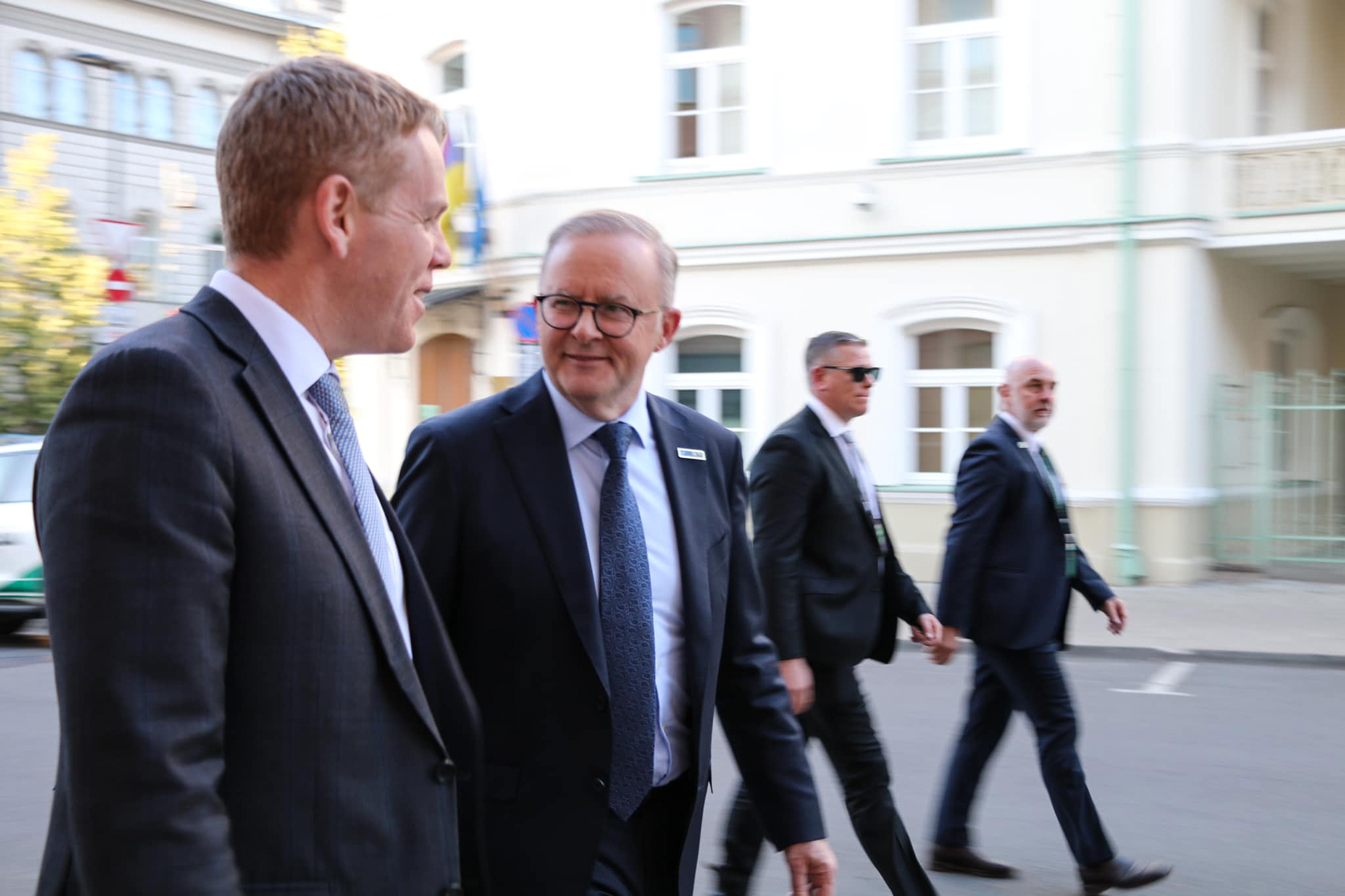 Prime Minister Chris Hipkins walks with Australian Prime Minister Anthony Albanese on their way to a dinner during the NATO summit in Lithuania this week. Photo / Supplied