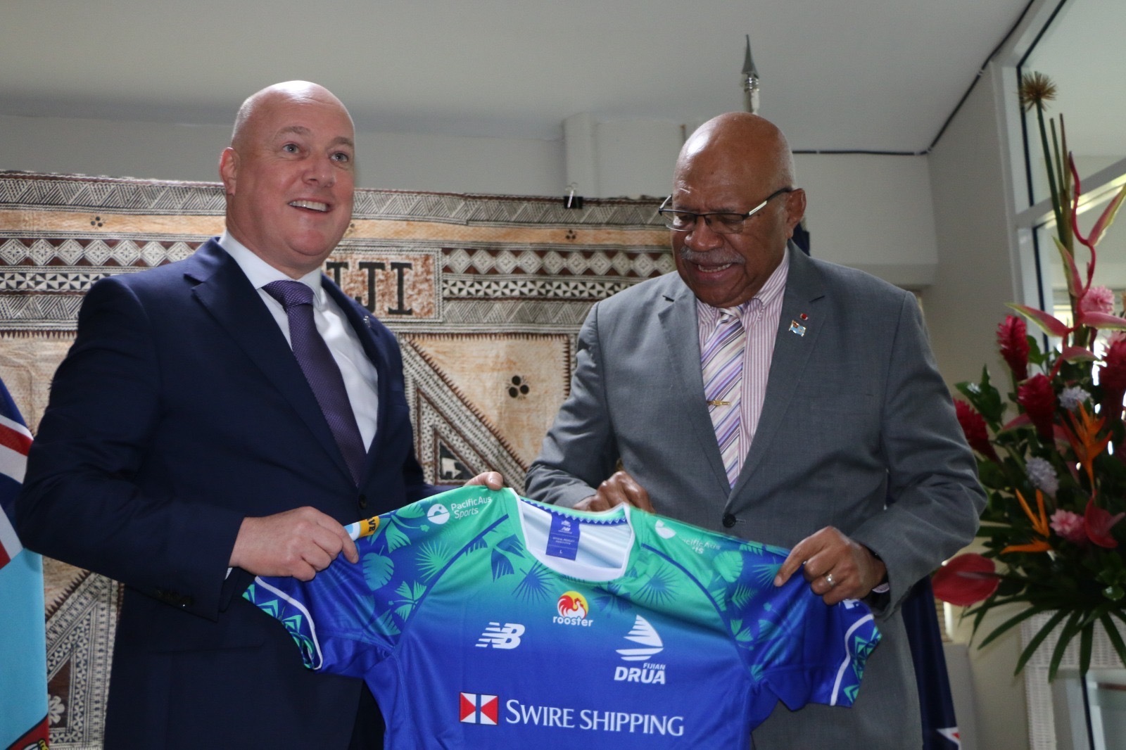 Prime Minister Christopher Luxon was gifted a Fijian Drua Super Rugby jersey by Fiji PM Sitiveni Rabuka. Photo / Pool