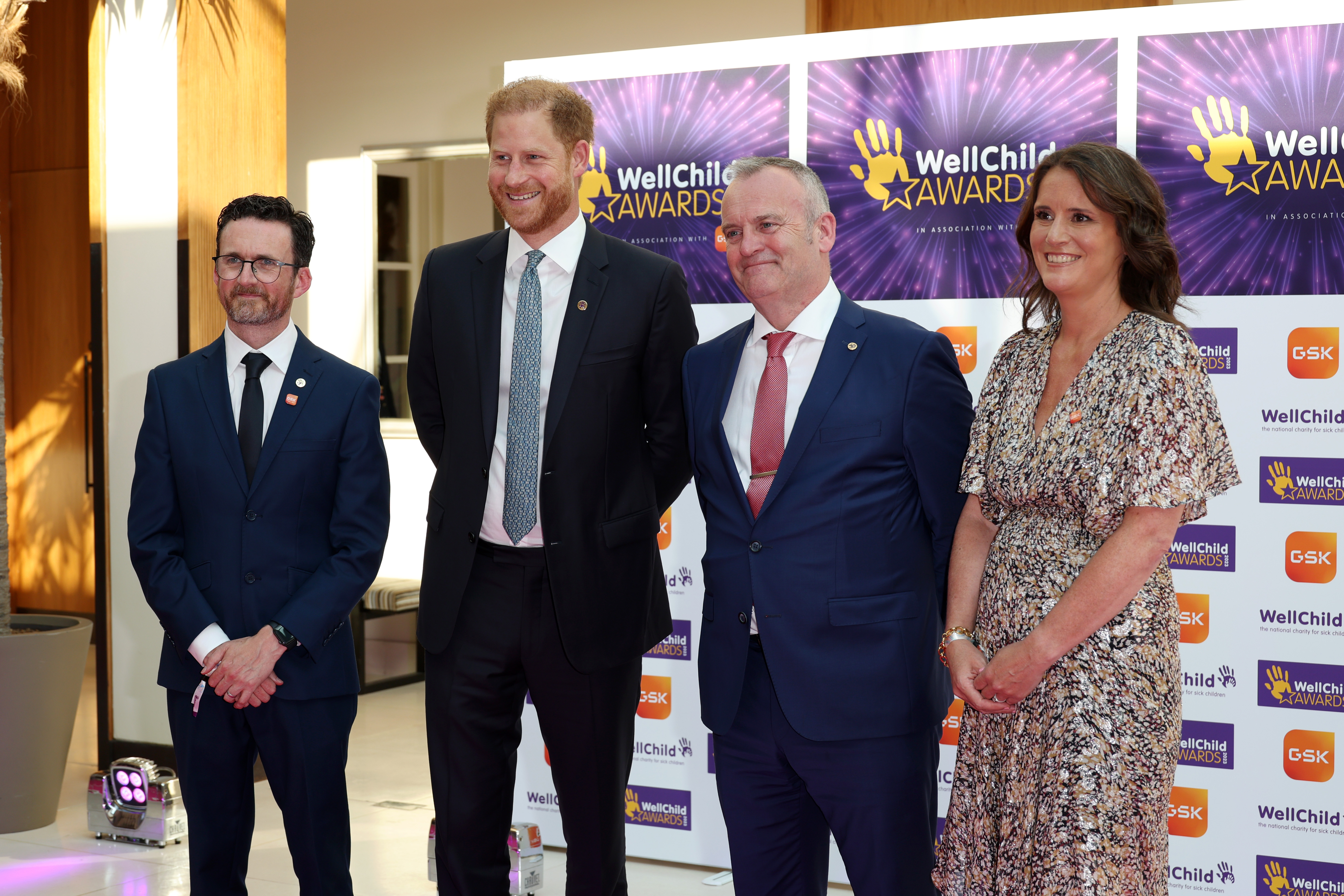 Matt James, Prince Harry, Duke of Sussex, Craig Hatch and Sally Jackson attend the 2023 WellChild Awards at The Hurlingham Club. Photo / Getty Images