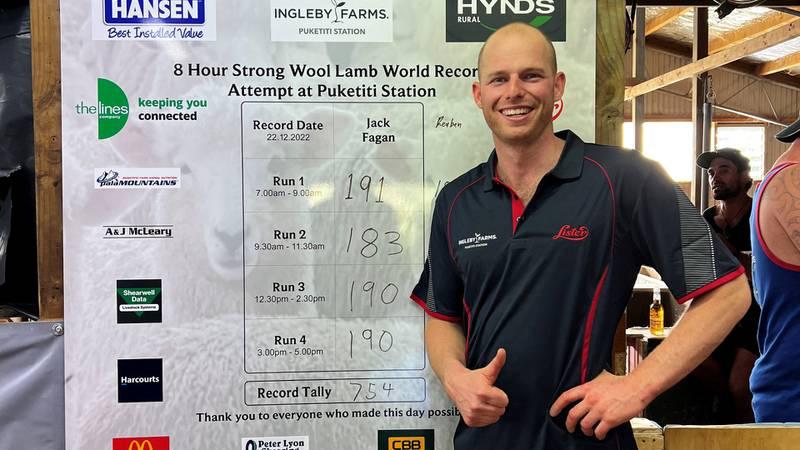 Te Kuiti shearer Jack Fagan with his record-breaking solo eight-hour strong wool lamb shearing tally. Photo / Supplied