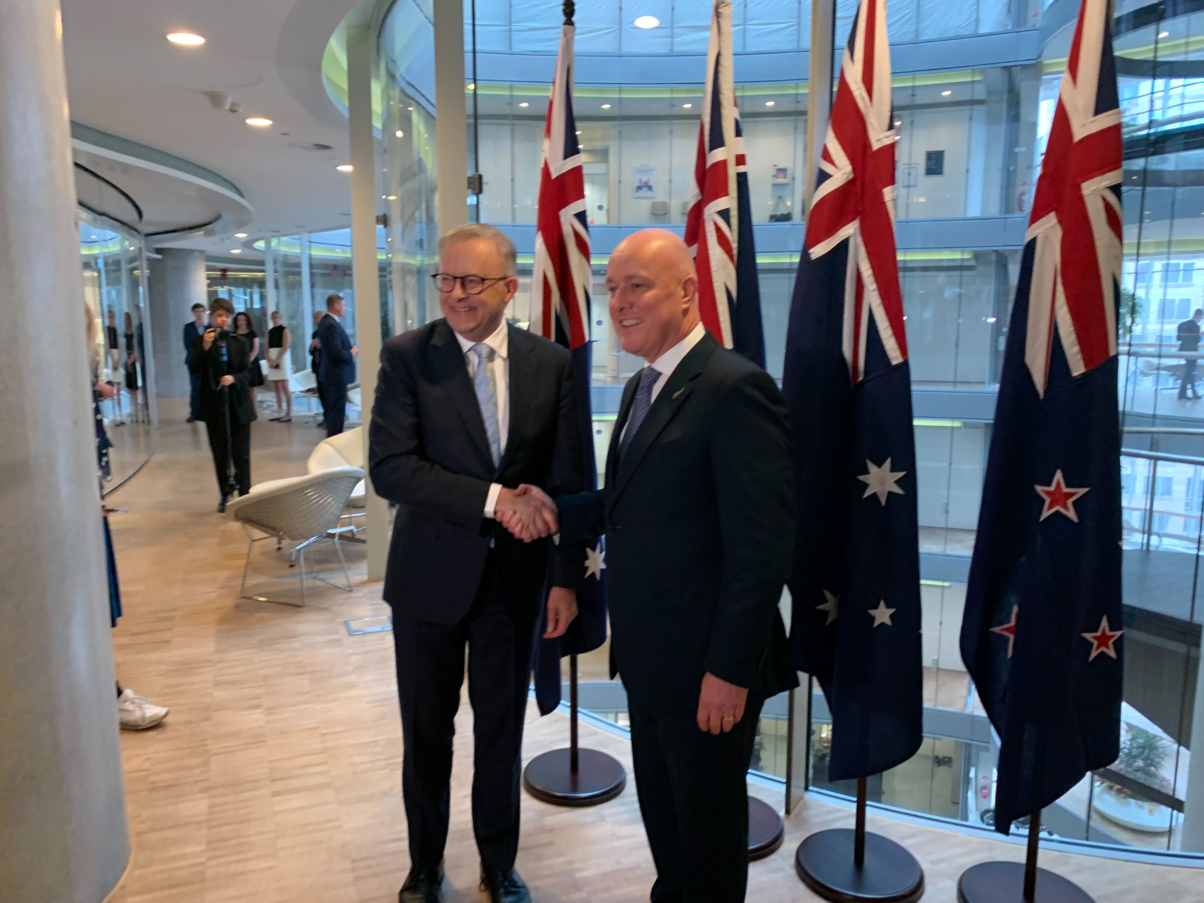 New Zealand prime Minister Christopher Luxon shakes hands with his Australian counterpart Anthony Albanese in Sydney this week. Photo / Adam Pearse