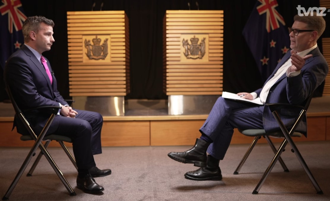 John Campbell interviews David Seymour in the Beehive Theatrette - an interview that the Act party also recorded. Photo / TVNZ screenshot