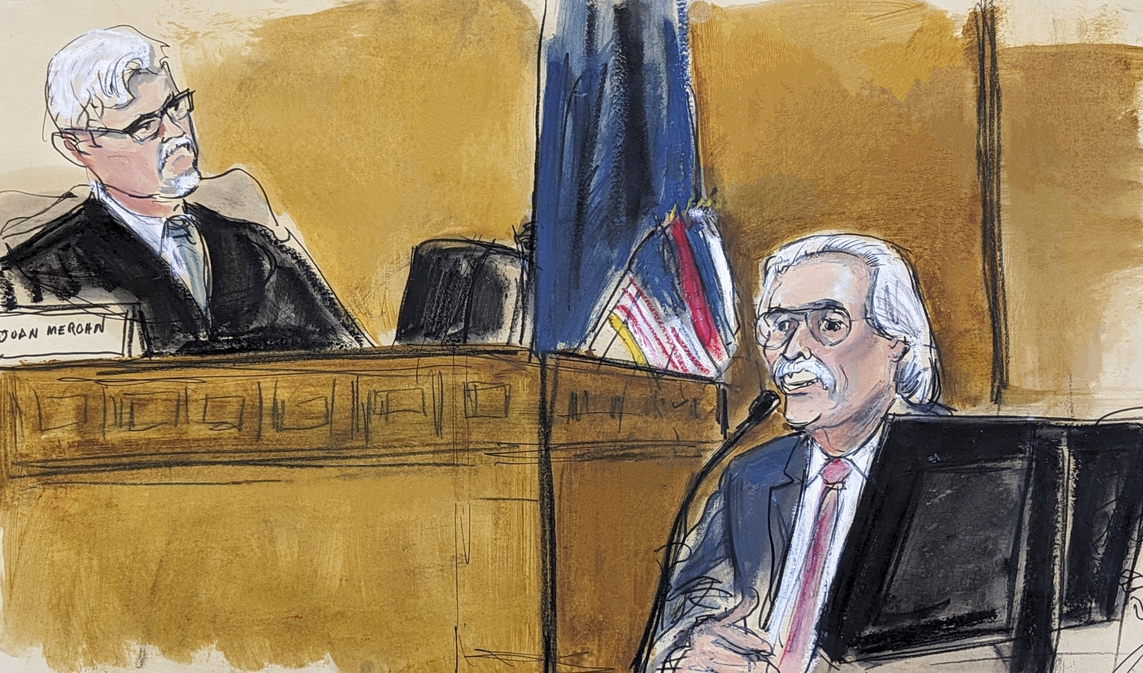 Judge Juan Merchan (left) listens as David Pecker testifies on the witness stand in Manhattan criminal court. Image / AP
