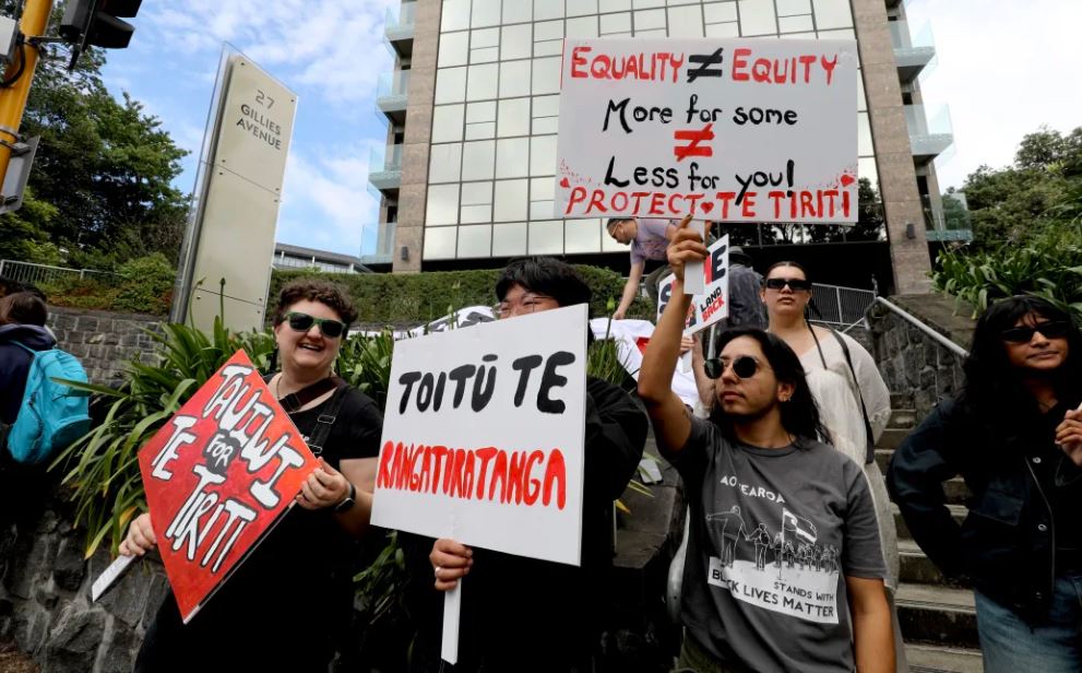 A group of protesters gathered in Auckland's Newmarket. Photo / RNZ, Marika Khabazi