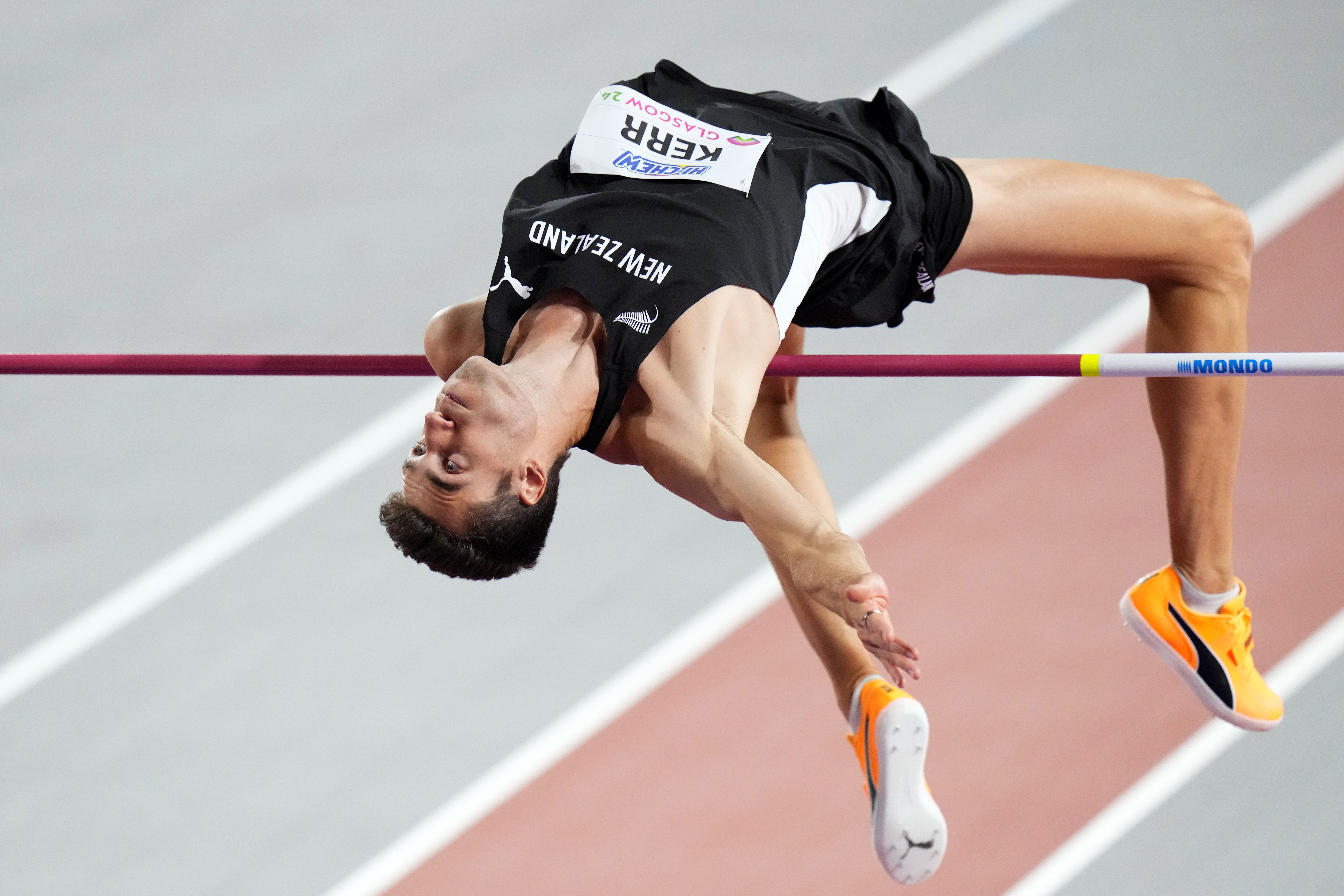 Hamish Kerr makes an attempt in the men's high jump during the World Athletics Indoor Championships at the Emirates Arena in Glasgow, Scotland. Photo / AP