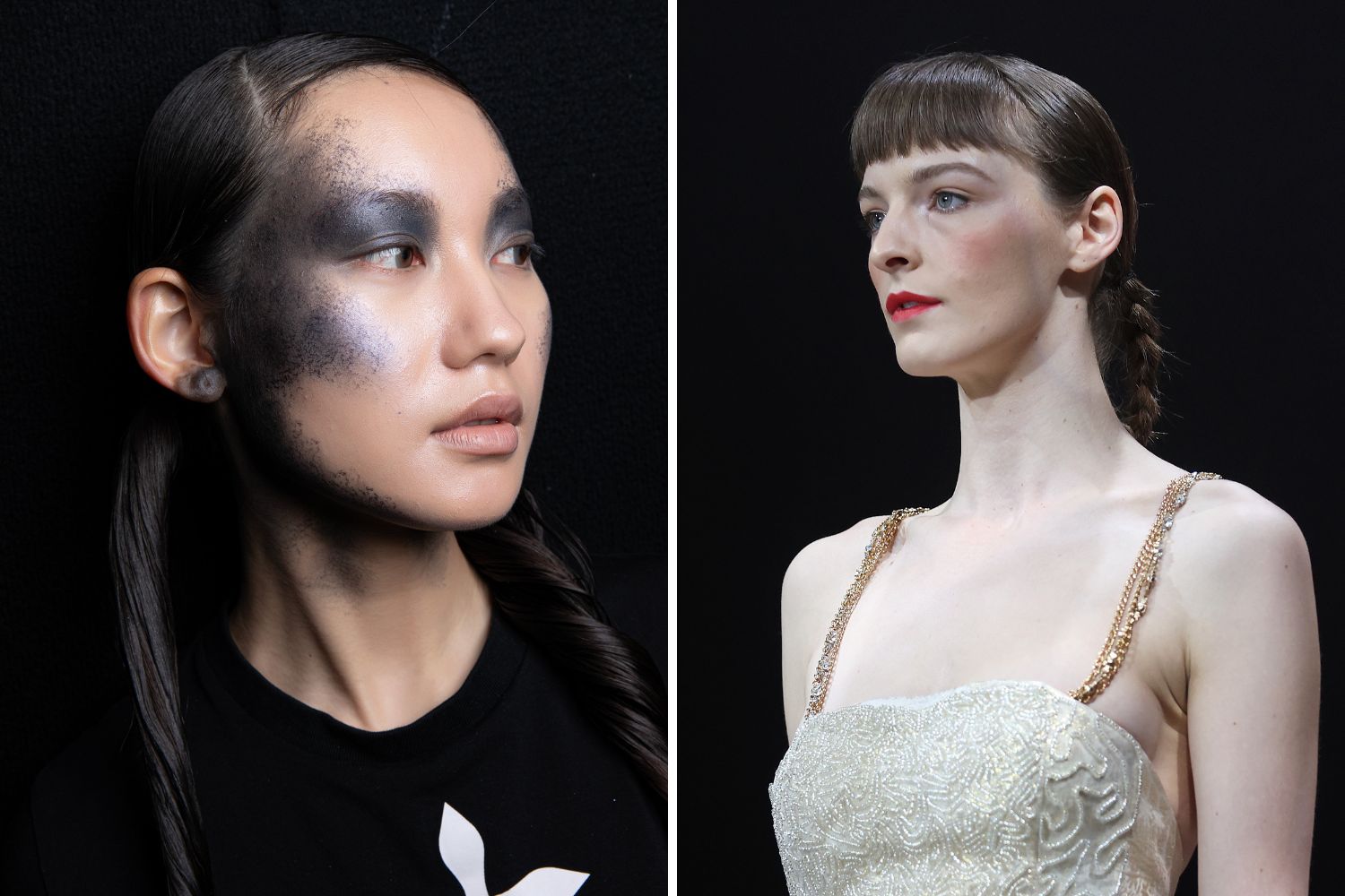Left to right: Twisted pigtails at Lontessa. Photo / Darren Meredith for Basalaj Beauty. Tidy braids at Ivantino from Otago University (Graduate Showcase). Photo / Getty Images