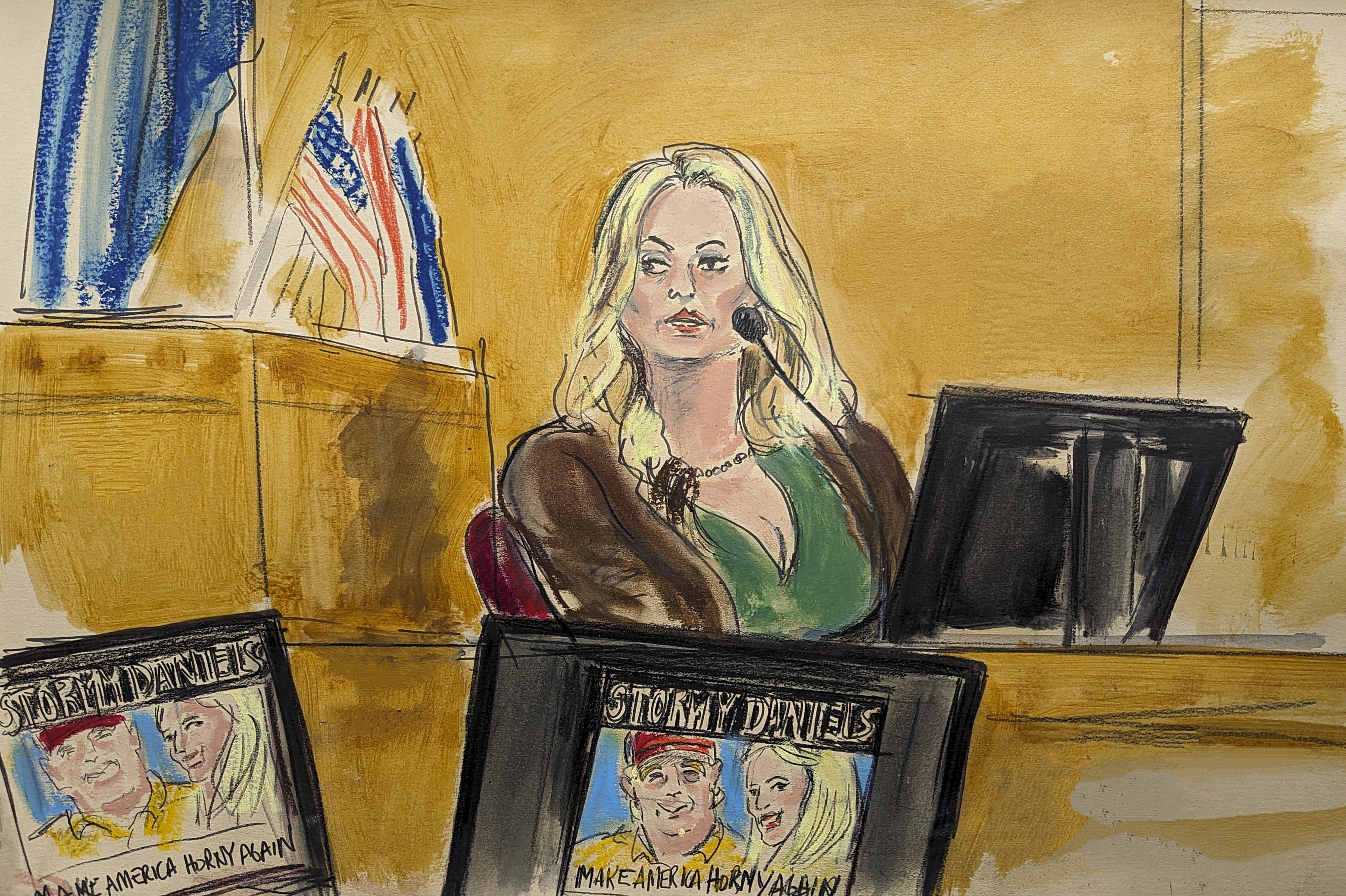 Trump’s attorneys pushed for a mistrial over the level of tawdry details provided by Stormy Daniels while on the witness stand in Manhattan criminal court. Illustration / Elizabeth Williams via AP