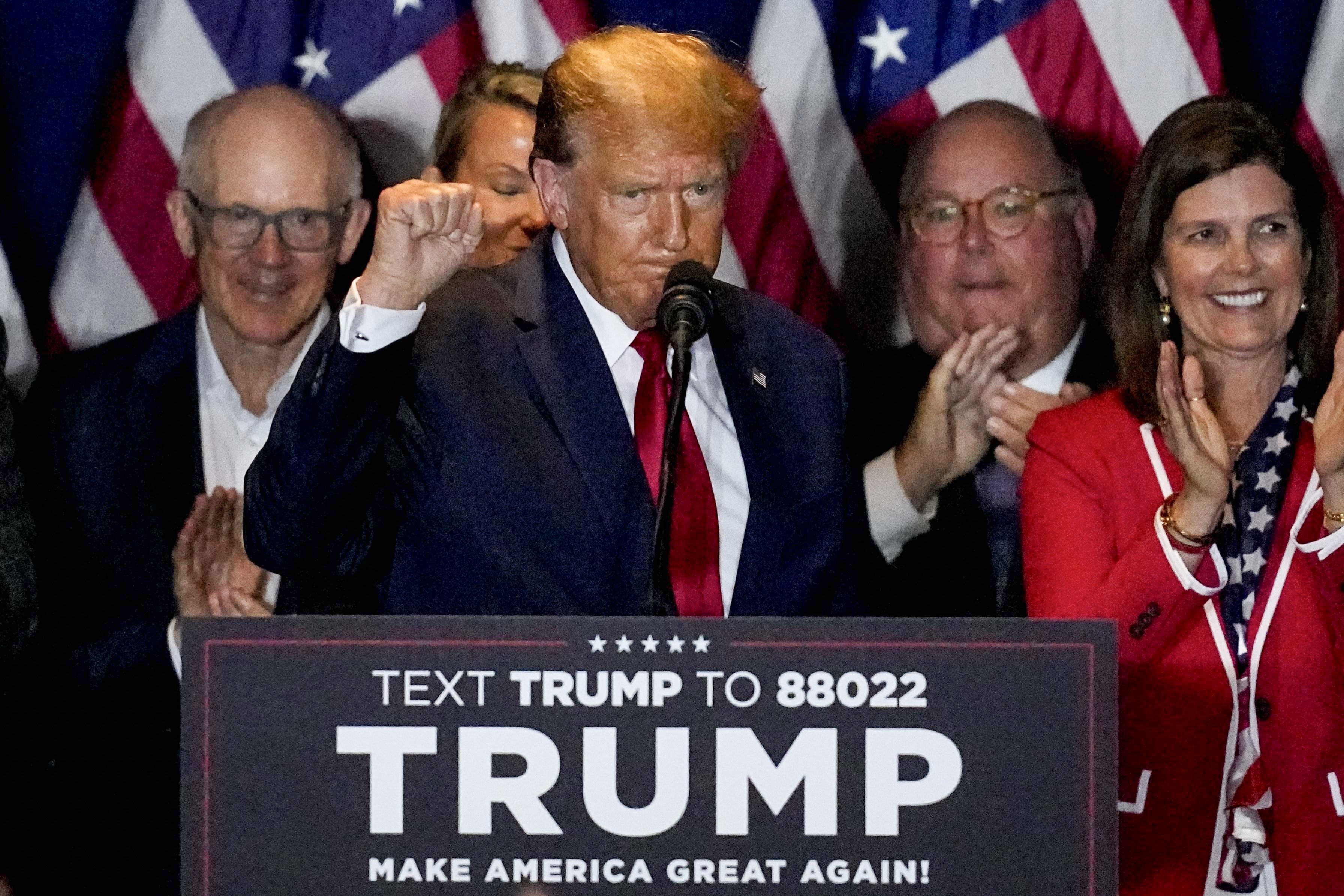 Republican presidential candidate former President Donald Trump speaks at a primary election night party at the South Carolina State Fairgrounds in Columbia. Photo / AP