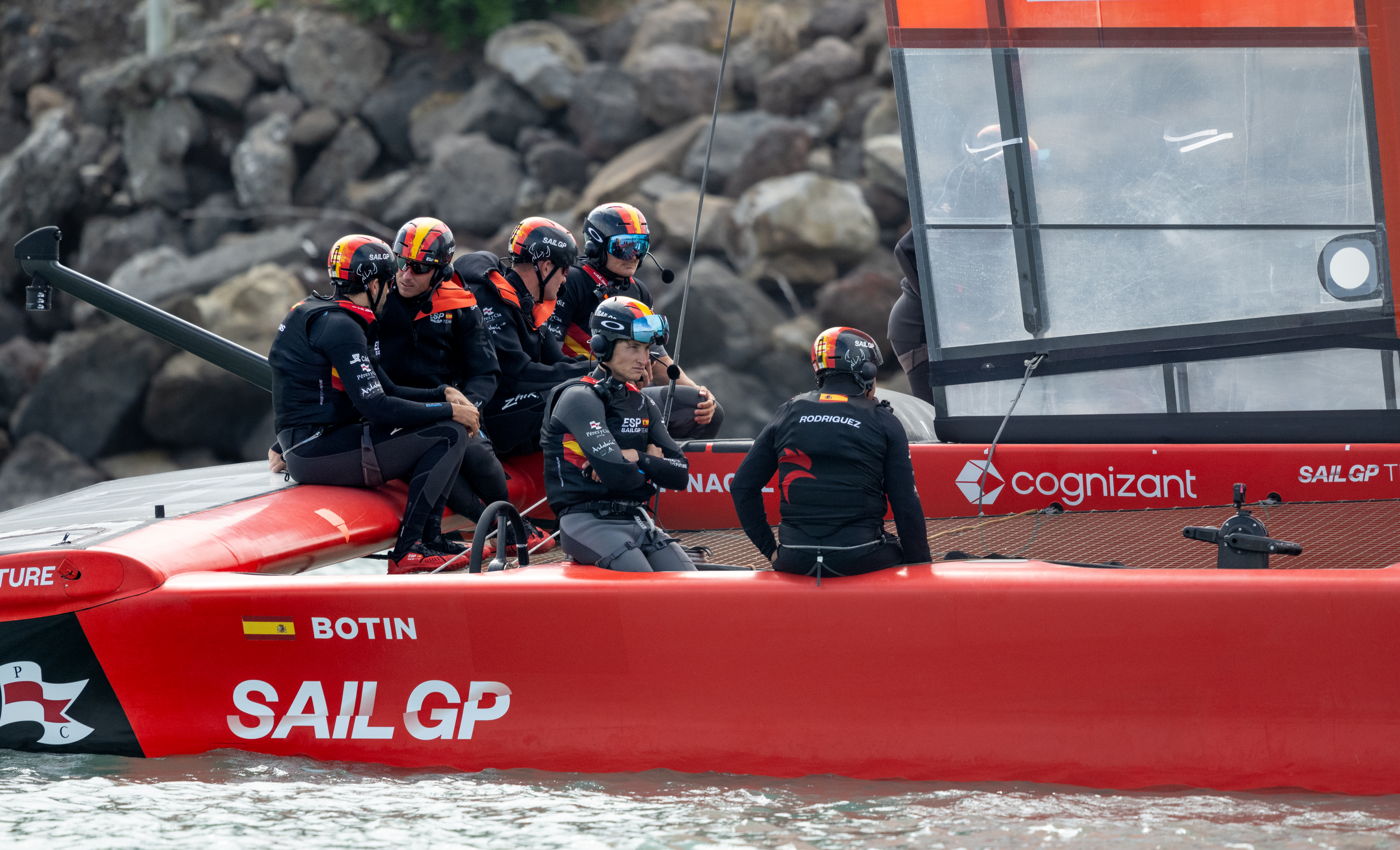 Spain's SailGP Team wait for racing clearance after a dolphin was spotted on the racecourse in Lyttelton. Photo / Ricardo Pinto, SailGP