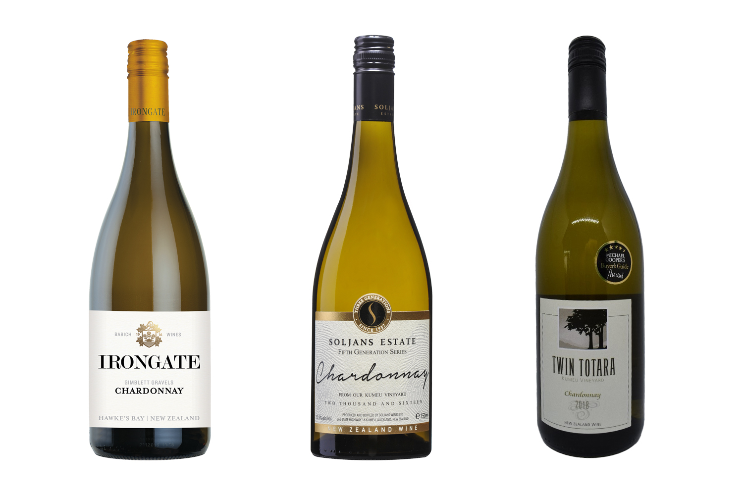 Left to right: Babich 2018 Hawke's Bay Irongate Chardonnay $37. Soljans Estate Winery Fifth Generation Chardonnay 2016, $45. Twin Totara Kumeu Vineyard Chardonnay 2018, $25. Photos / Supplied.