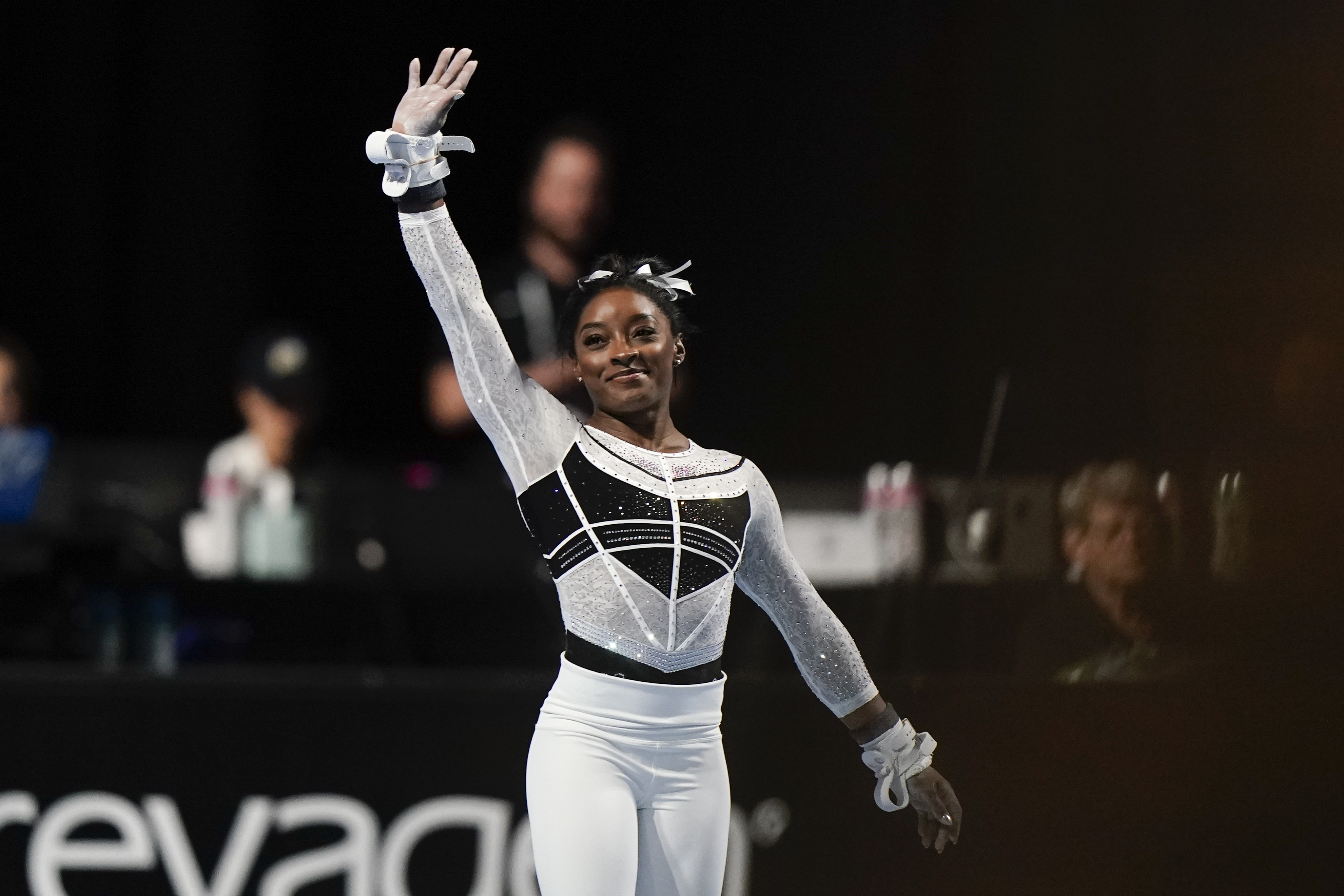 Simone Biles waves at the US Classic gymnastics competition. Photo / AP