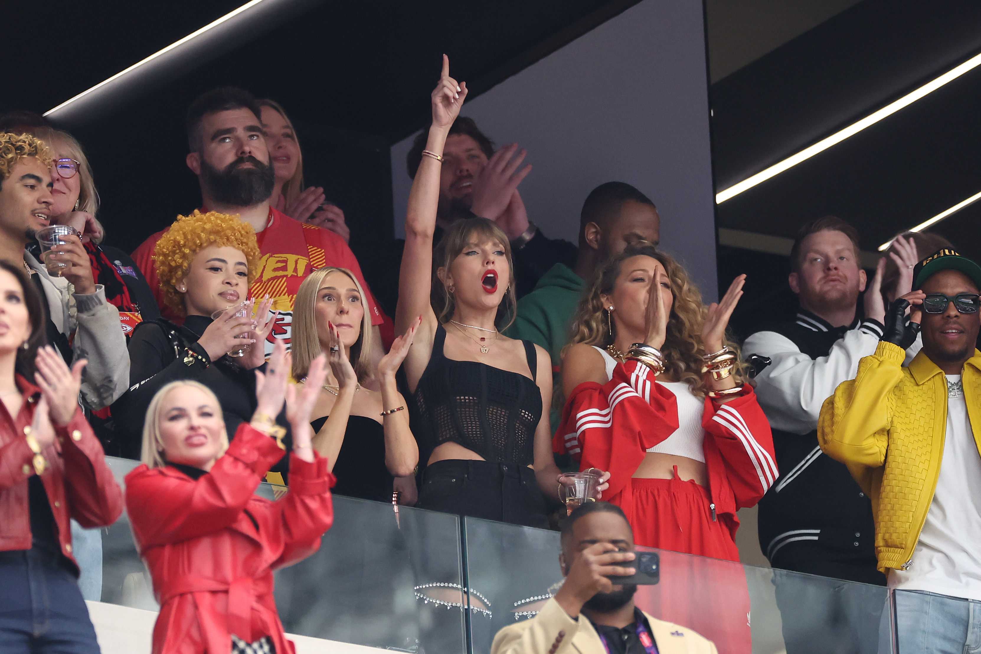 Rapper Ice Spice, singer Taylor Swift and actress Blake Lively watch the Super Bowl LVIII match between the San Francisco 49ers and Kansas City Chiefs at Allegiant Stadium on February 11, 2024 in Las Vegas, Nevada. Photo / Getty Images