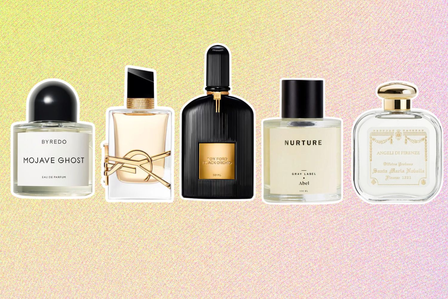 From left: Byredo Mojave Ghost; YSL Libre; Tom Ford Black Orchid; Abel Nurture; Santa Maria Novella Angeli di Firenze.