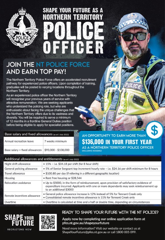 An advertisement by Northern Territory Police seeking Kiwi cops willing to make the move to Australia, published in the Herald on March 1, 2023.