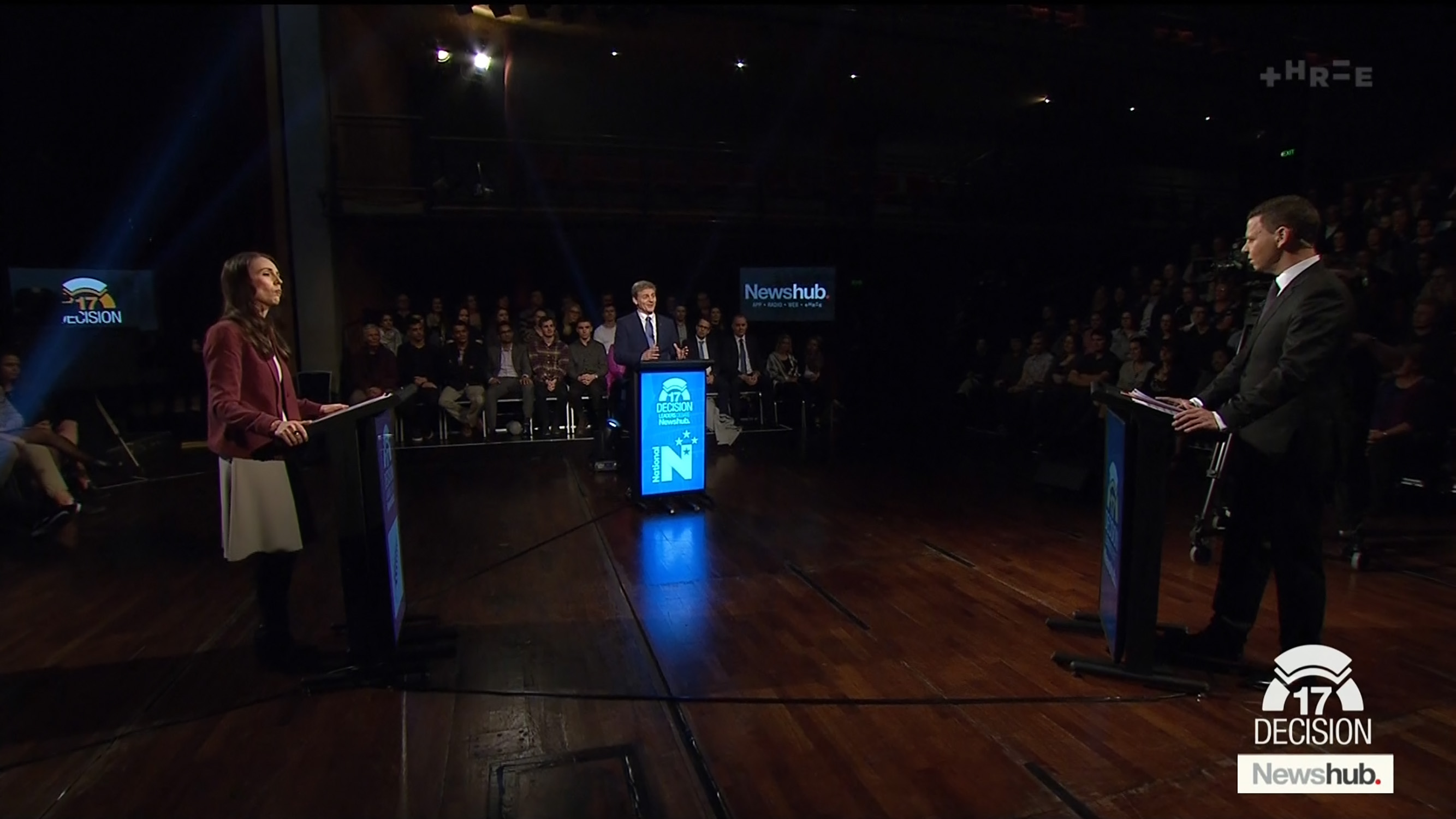 Paddy Gower hosts the 2017 election debate between Jacinda Ardern and Bill English. Photo / Newshub