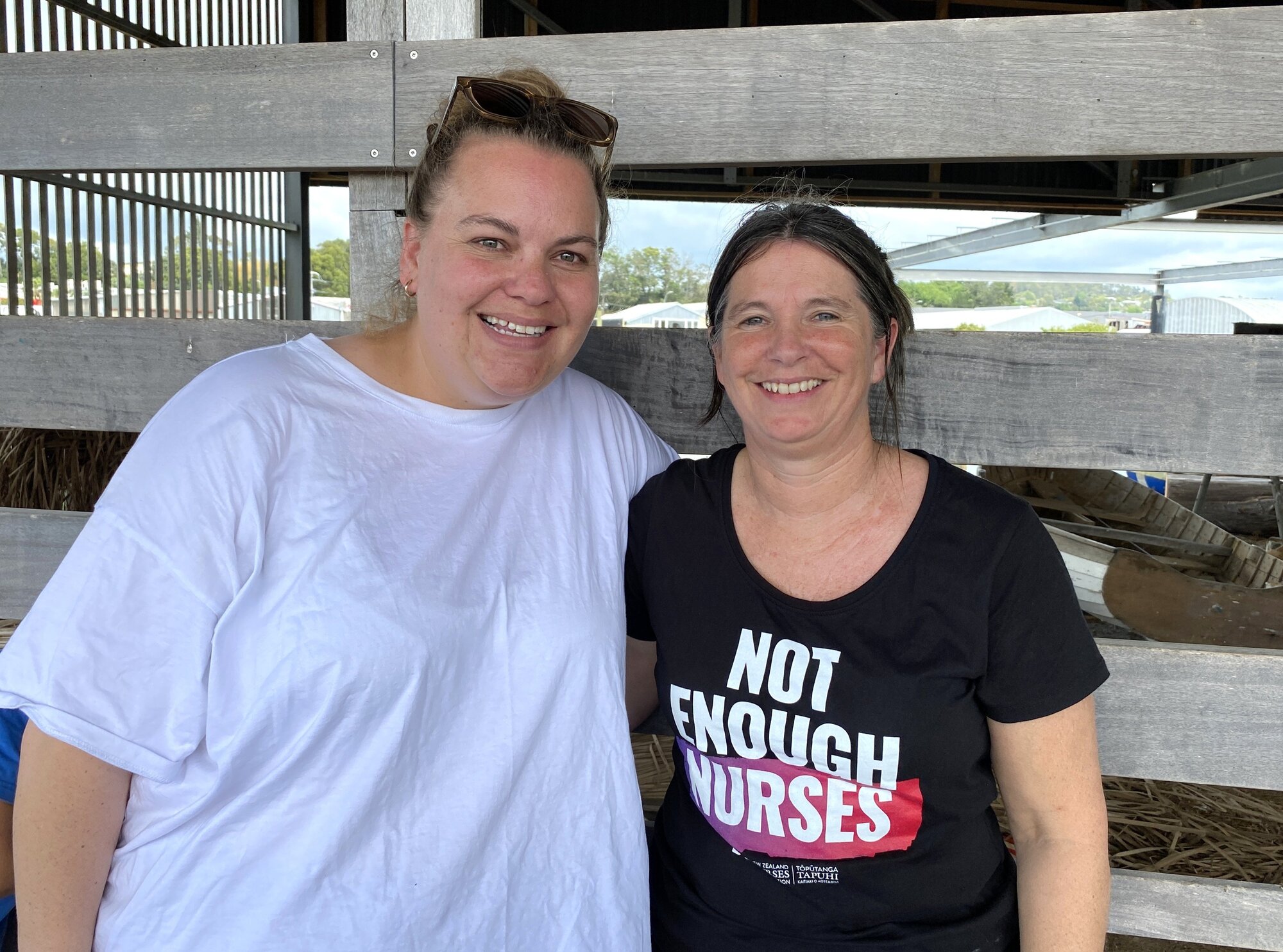 NZNO delegate Rachel Thorn (right), pictured with Bridget Firth during the mega-strike in October 2025, says staff decided the uniform strike was a better way to get their message across than a full withdrawal of labour. Photo / Denise Piper