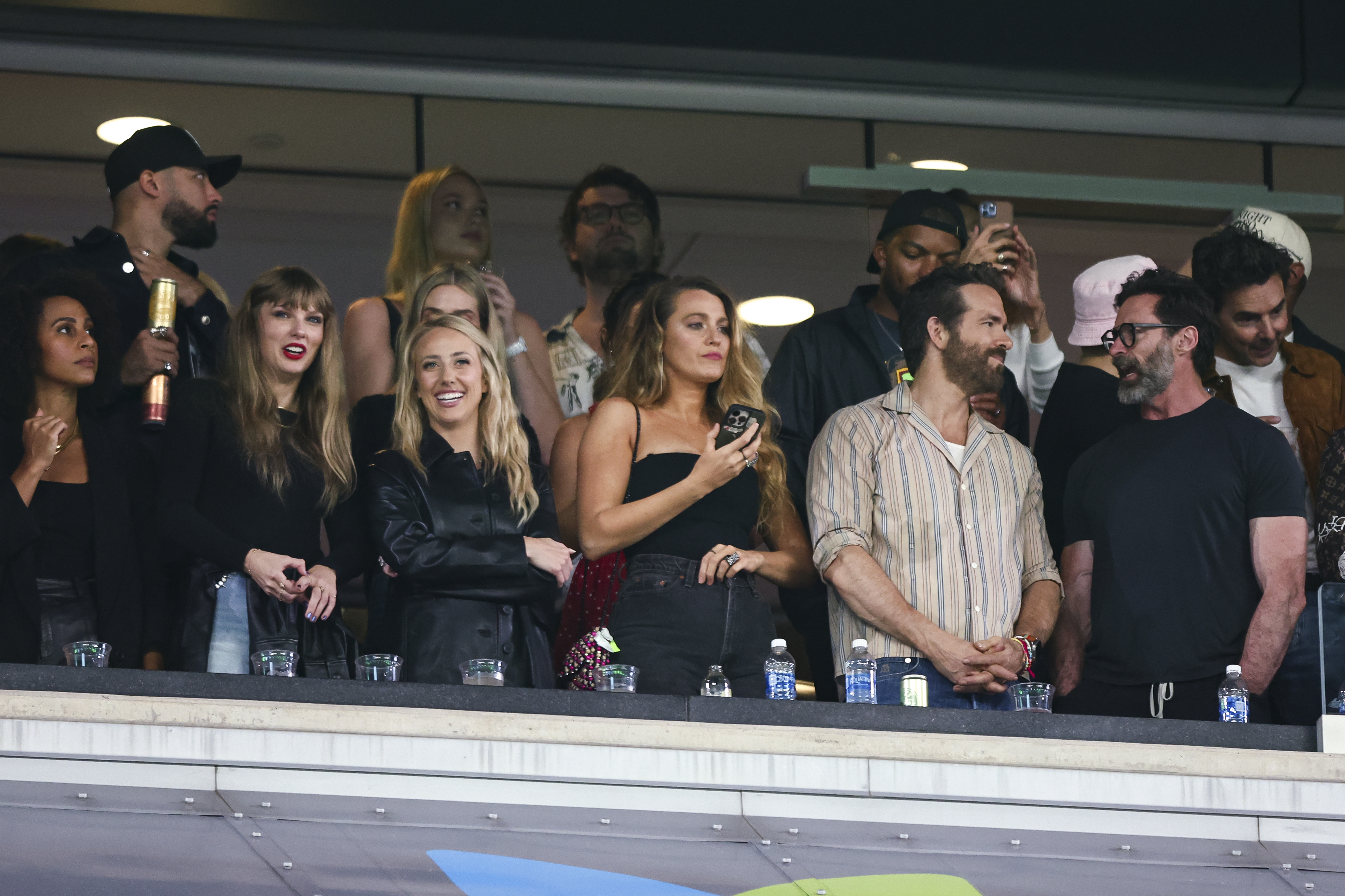 Taylor Swift, Brittany Mahomes, Blake Lively, Hugh Jackman and Ryan Reynolds at an NFL game in October 2023. Photo / Getty Images