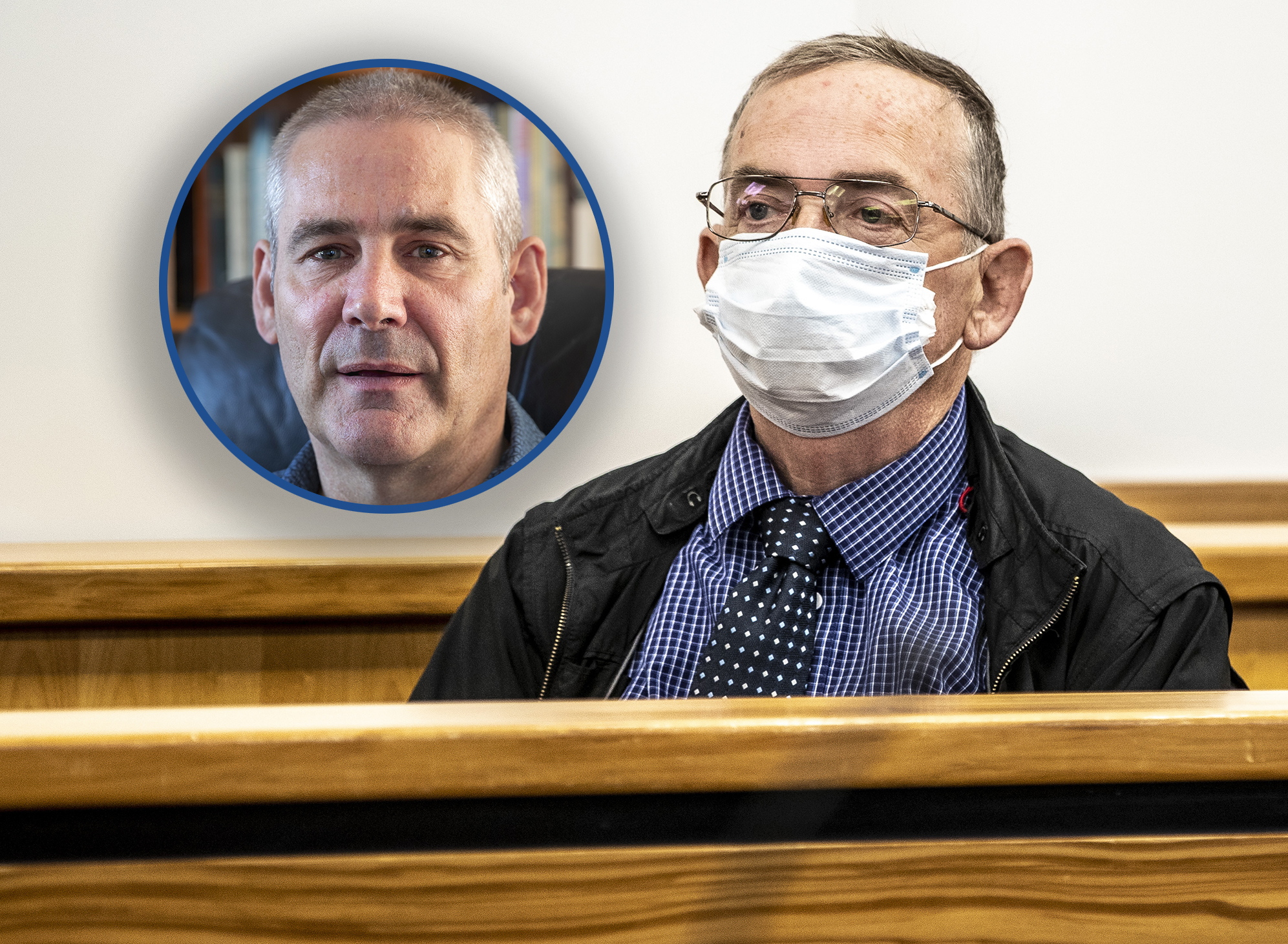 Former housemaster Ian Wilson appears at Auckland District Court for sentencing. Inset, his victim Neil Harding, who is leading the class action against the school. Photo / NZ Herald