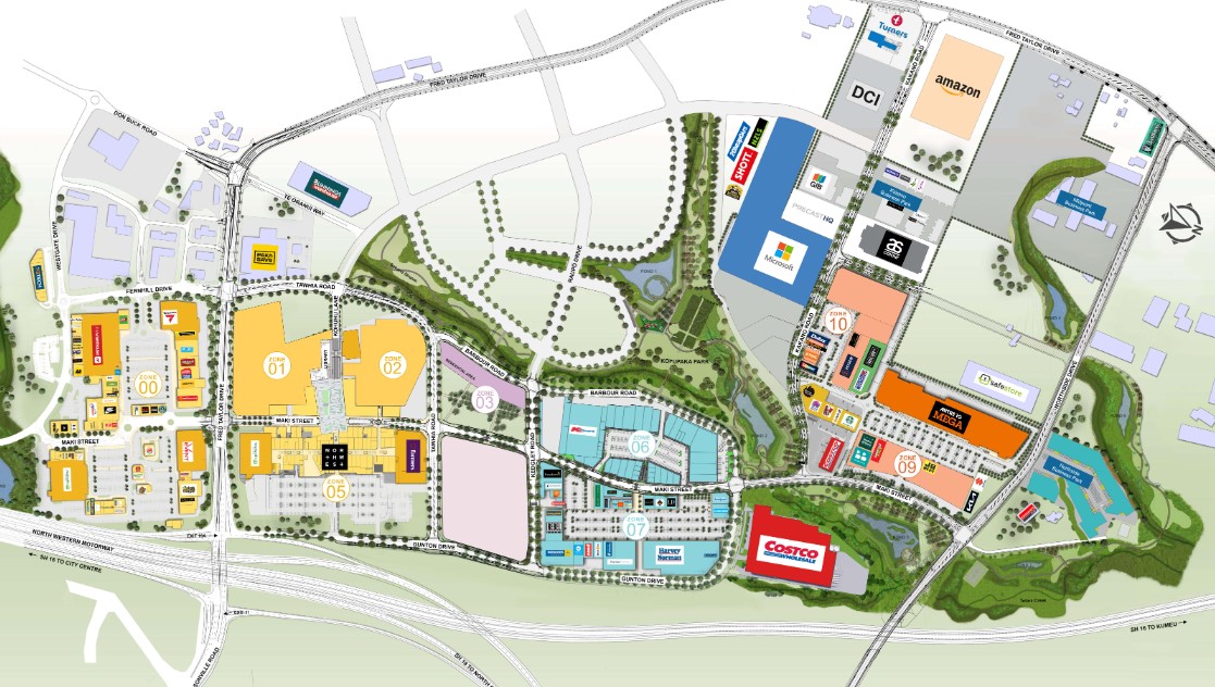 Map shows Westgate and all the businesses. Kmart's new location is shaded in blue in Zone 06. Map / supplied by NZ Retail Property Group