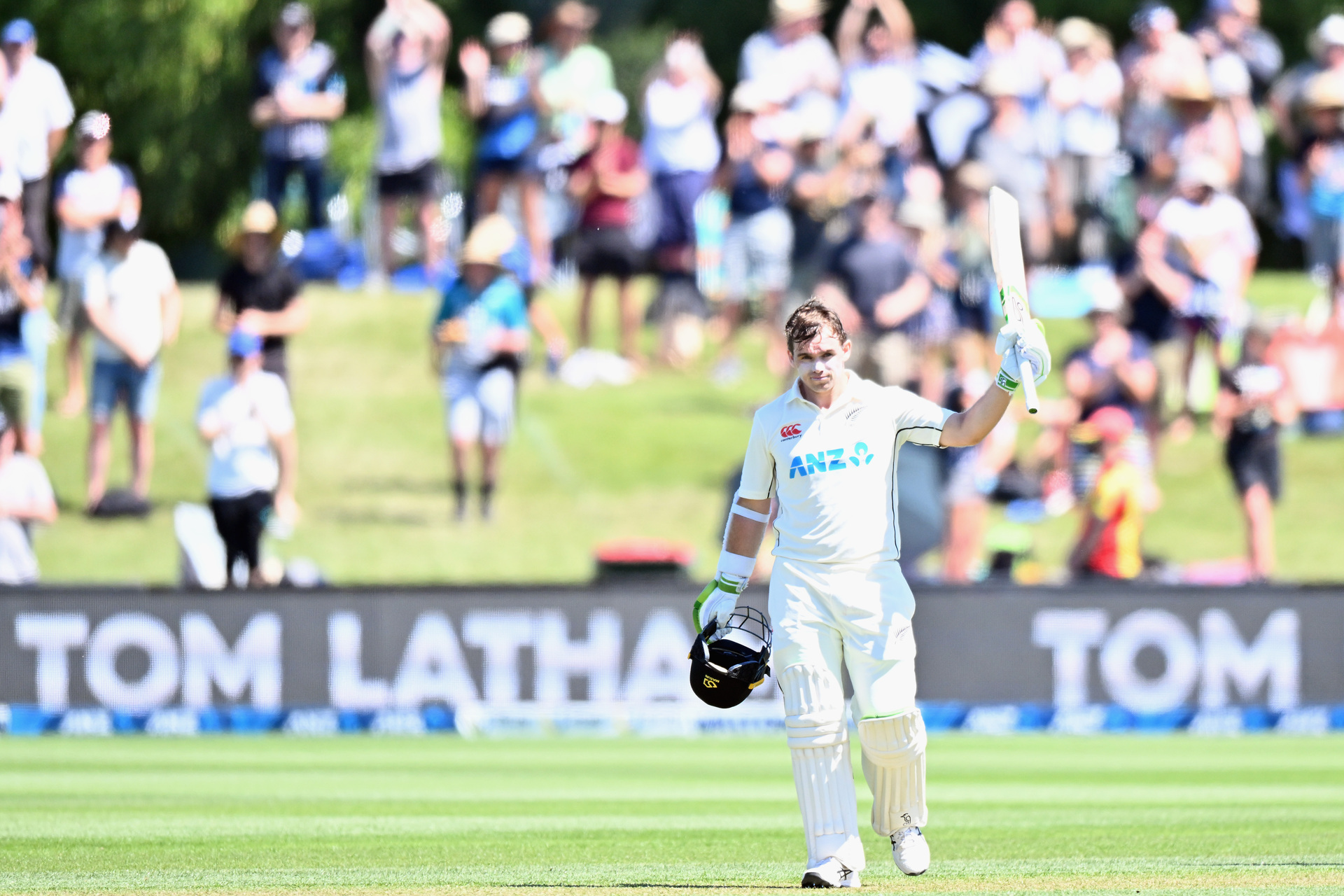 Tom Latham celebrates his double century during day two of the second test. Photo / Getty